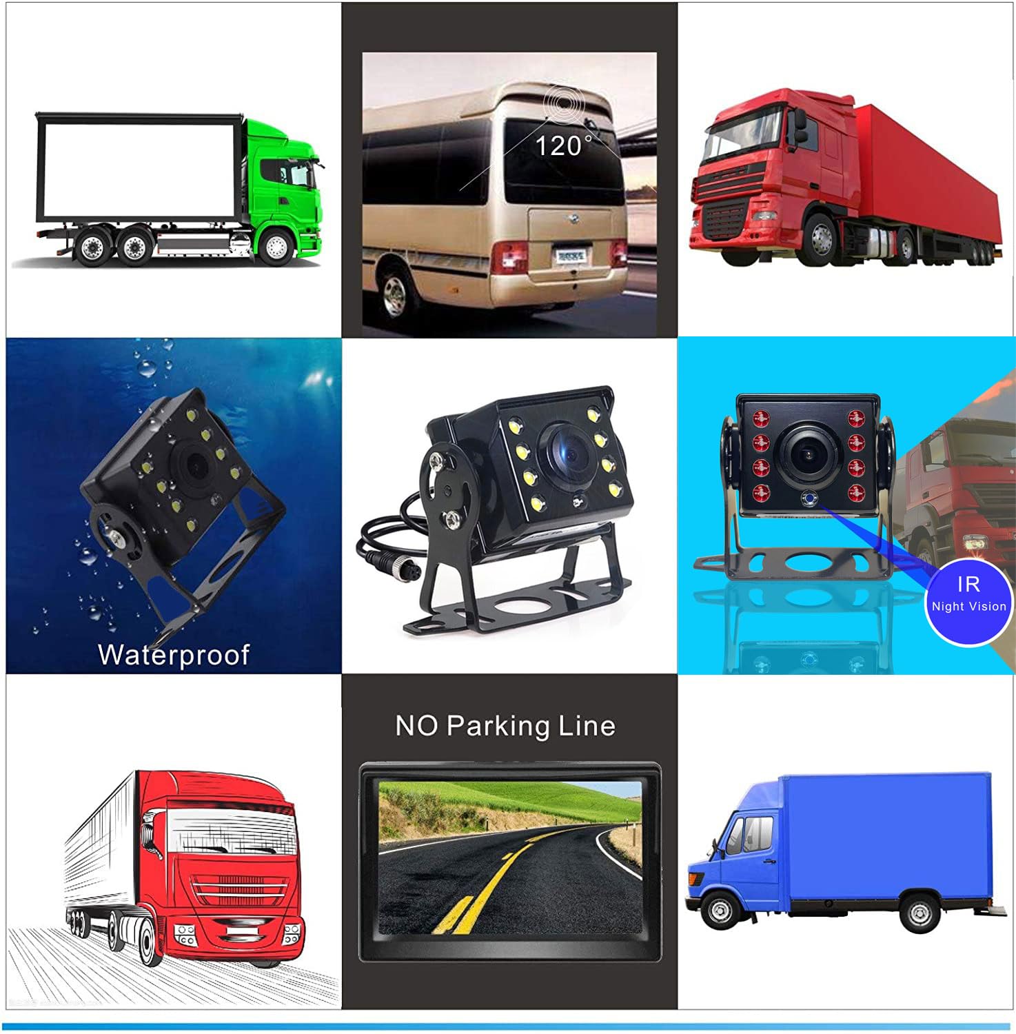 Telecamera posteriore a 4 pin da 7 pollici, impermeabile, visione notturna, sistema di parcheggio HD, per camion, roulotte, mietitrice per camper, retromarcia da 12 V-24 V