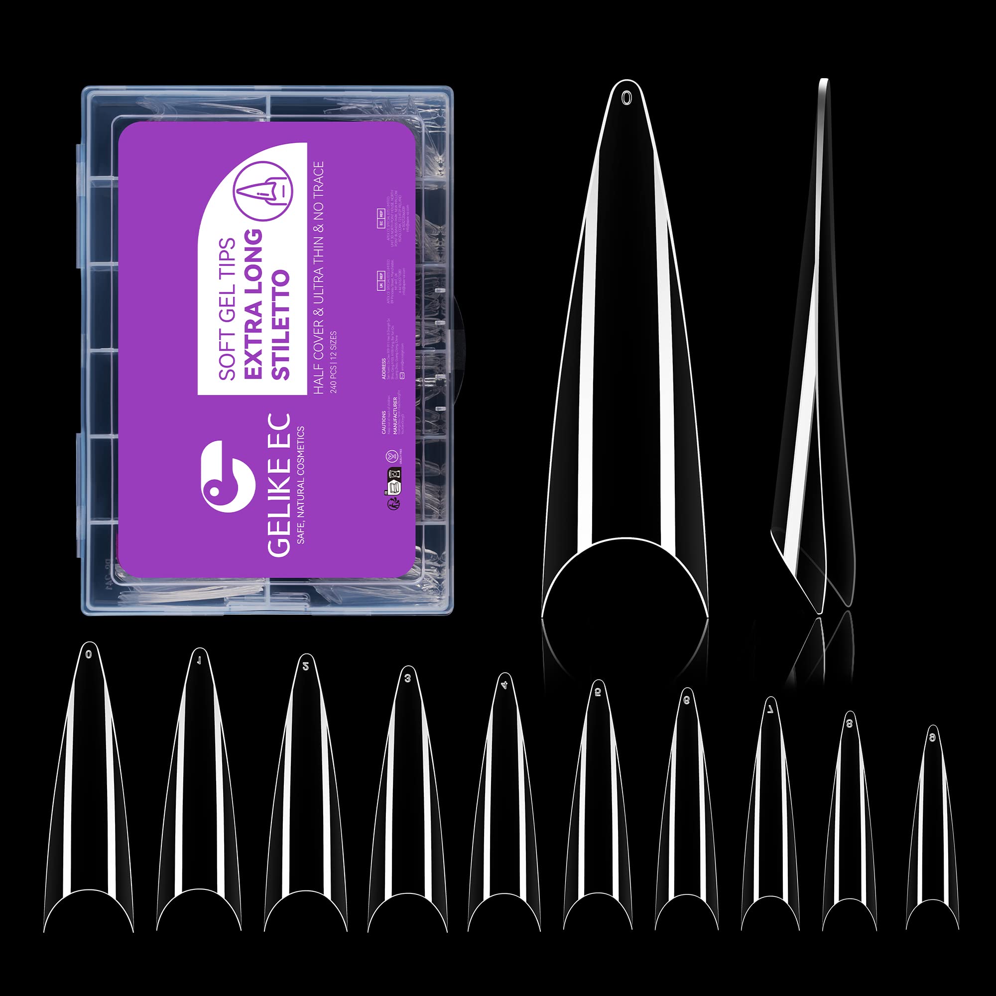 Photo 1 of ***THREE PACK*** Gelike ec Extra Long Stiletto Nail Tips: Half Cover Soft Gel Nail Tips Clear XL Stiletto Nail Tips 240PCS 12 Sizes - Pre Shaped Gel X False Nails For Salon Extension Press on Acrylic Nails Gel Polish