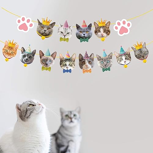 Miniatura 5 de TSJ Cartel de cumpleaños de gato, pancarta de fiesta de cara de gato, decoración de banderines de fiesta temática de gatito para recuerdos de fiesta