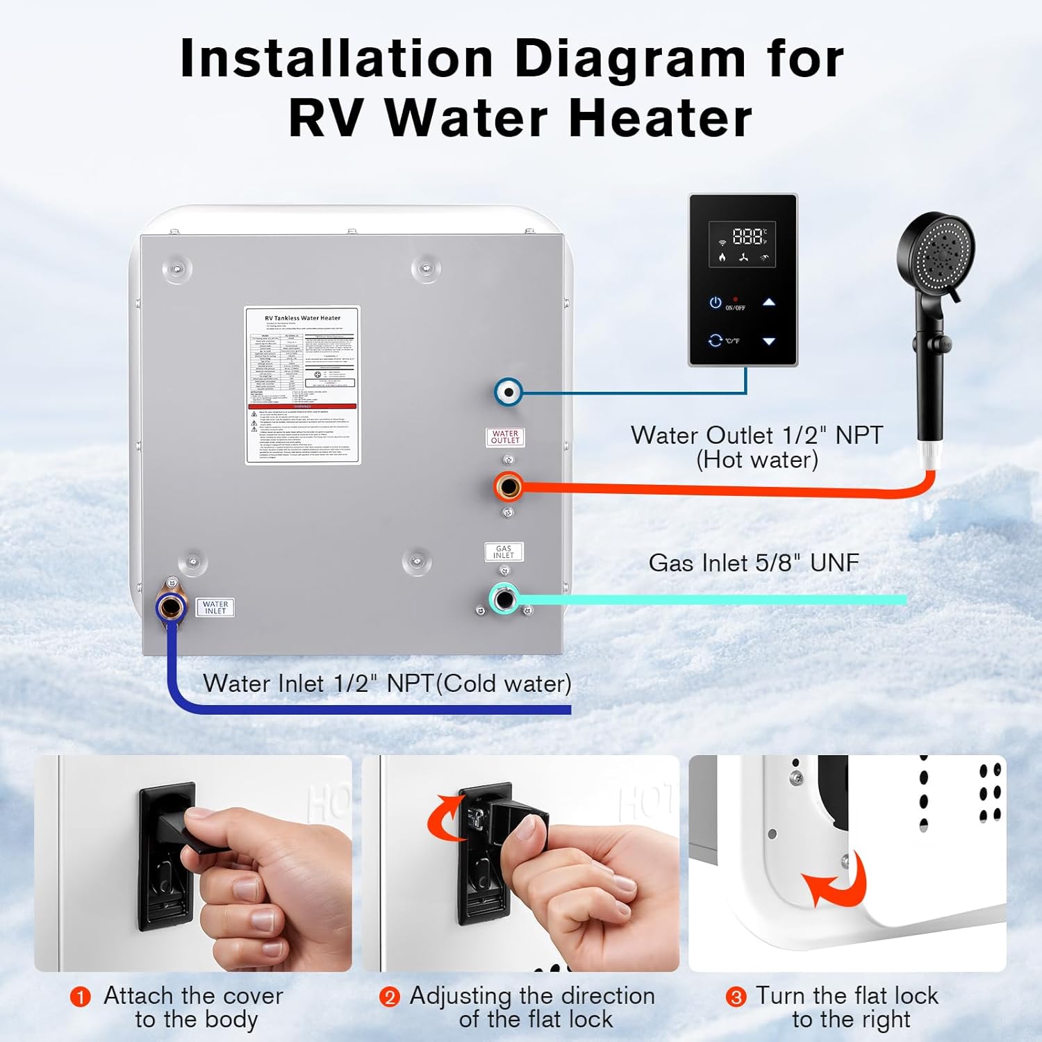RV Tankless Water Heater, 65000 BTU RV Instant Hot Water Heater with 16x16 inch White Door and Remote Controller, DC 12V CSA Certificated, Propane-Powered, Compatible with all RVs