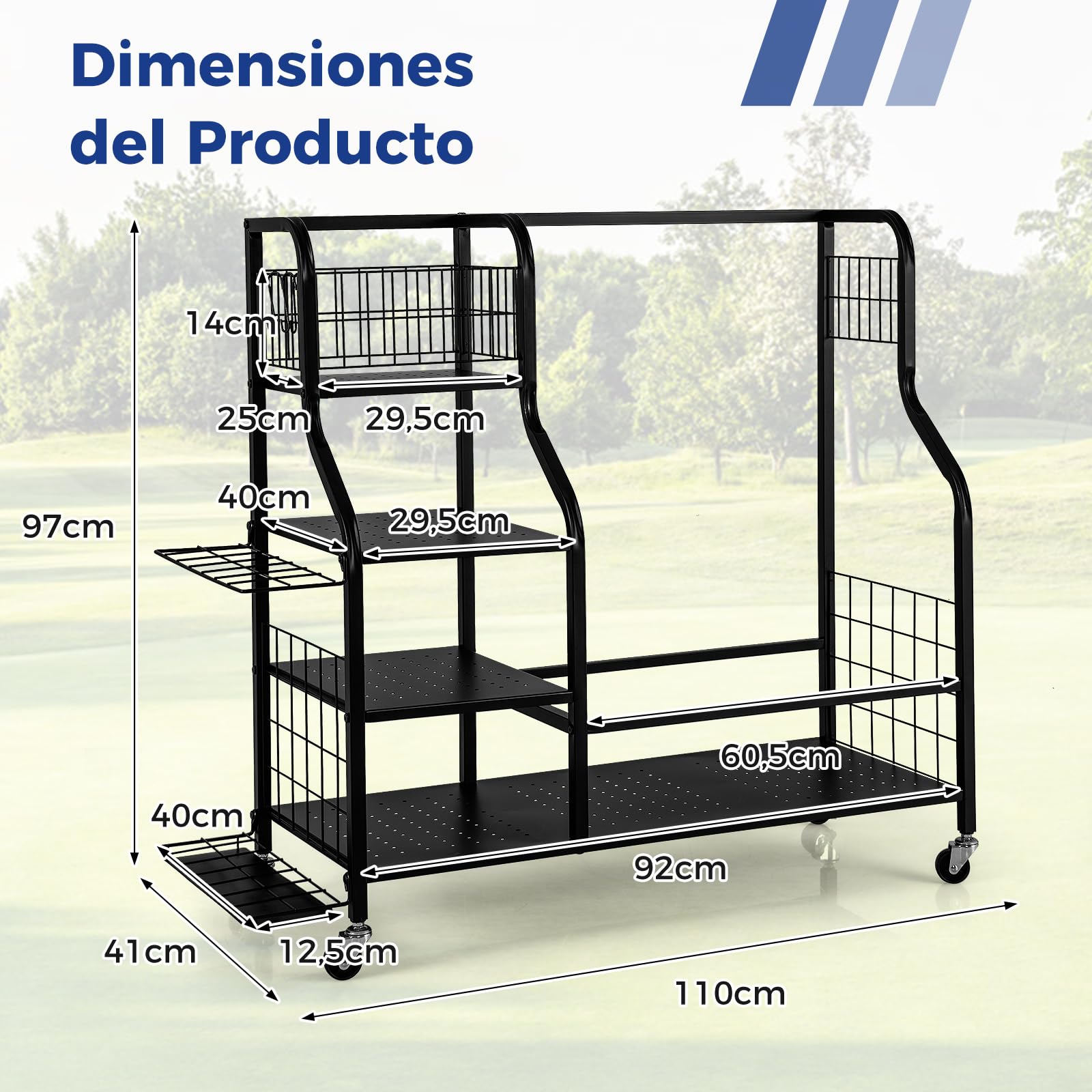 COSTWAY Organizador de Almacenamiento para Palos de Golf, 3 Estantes y 1 Cesta, Estante de Almacenaje con Ruedas Extraíbles para 2 Bolsas de Golf，6 Ganchos para Accesorios de Equipos de Golf