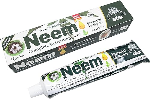 Essential Palace Pasta de dientes Neem fórmula 5 en 1 – 100% libre de flúor y base vegetal de gluten, evita caries, refrescante con extracto de