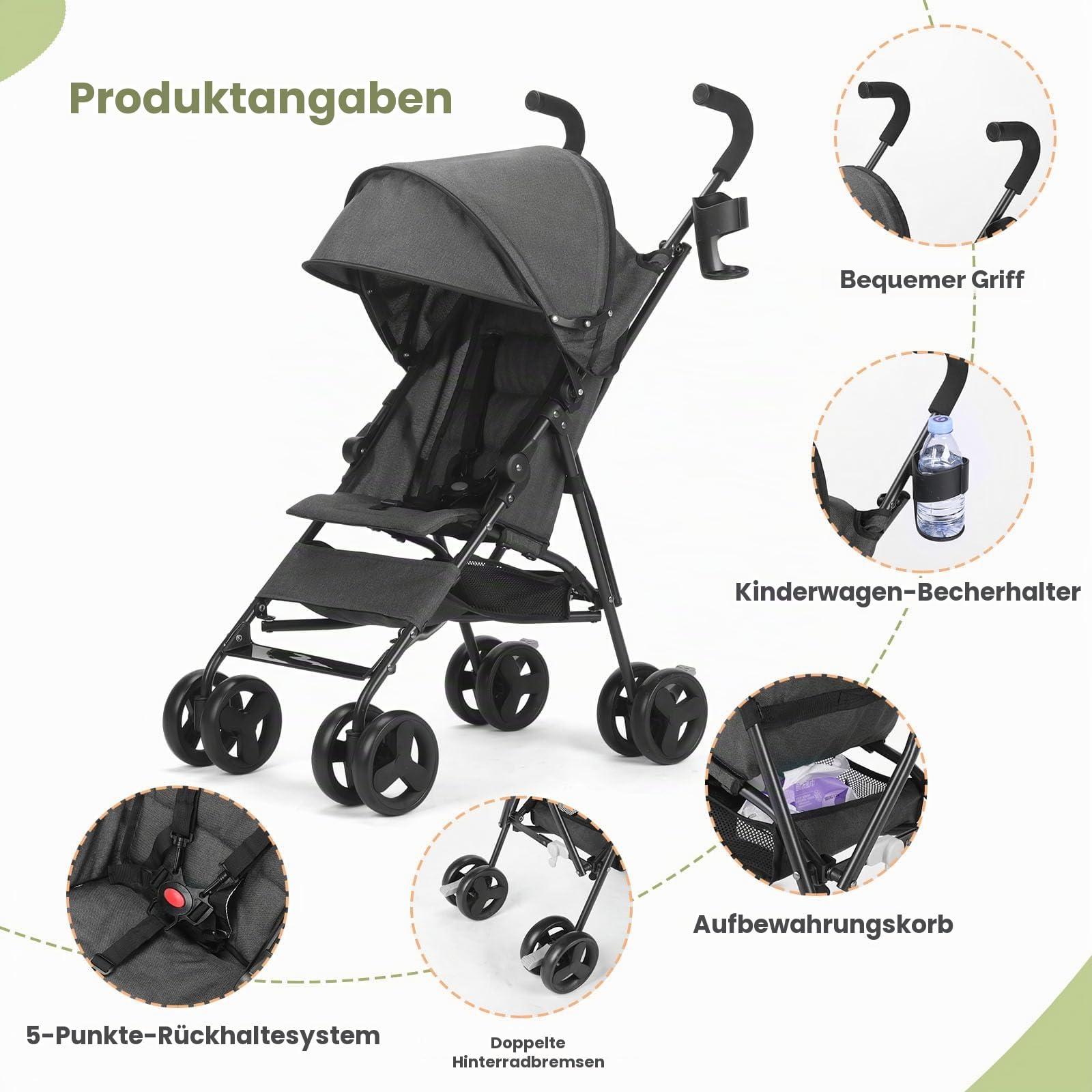 Kinderwagen, Reisekinderwagen mit faltbarem Kinderwagen mit verstellbarem Verdeck, zusammenklappbarer Kinderwagen für Neugeborene mit Aufbewahrungskorb, Getränkehalter, Rädern für Kleinkinder