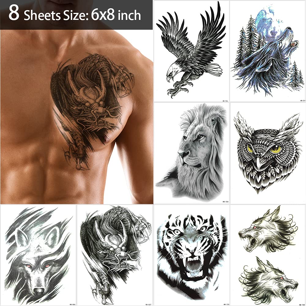 Amazon.com : 45 Sheets Temporary Tattoo Stickers Black for Men (8 Large  Eagle Owl Wolf Tiger Dragon Lion Tribal Totem Pattern) 37 Small Waterproof  Fake Tattoos Shoulder Chest Body Art Makeup Removable (