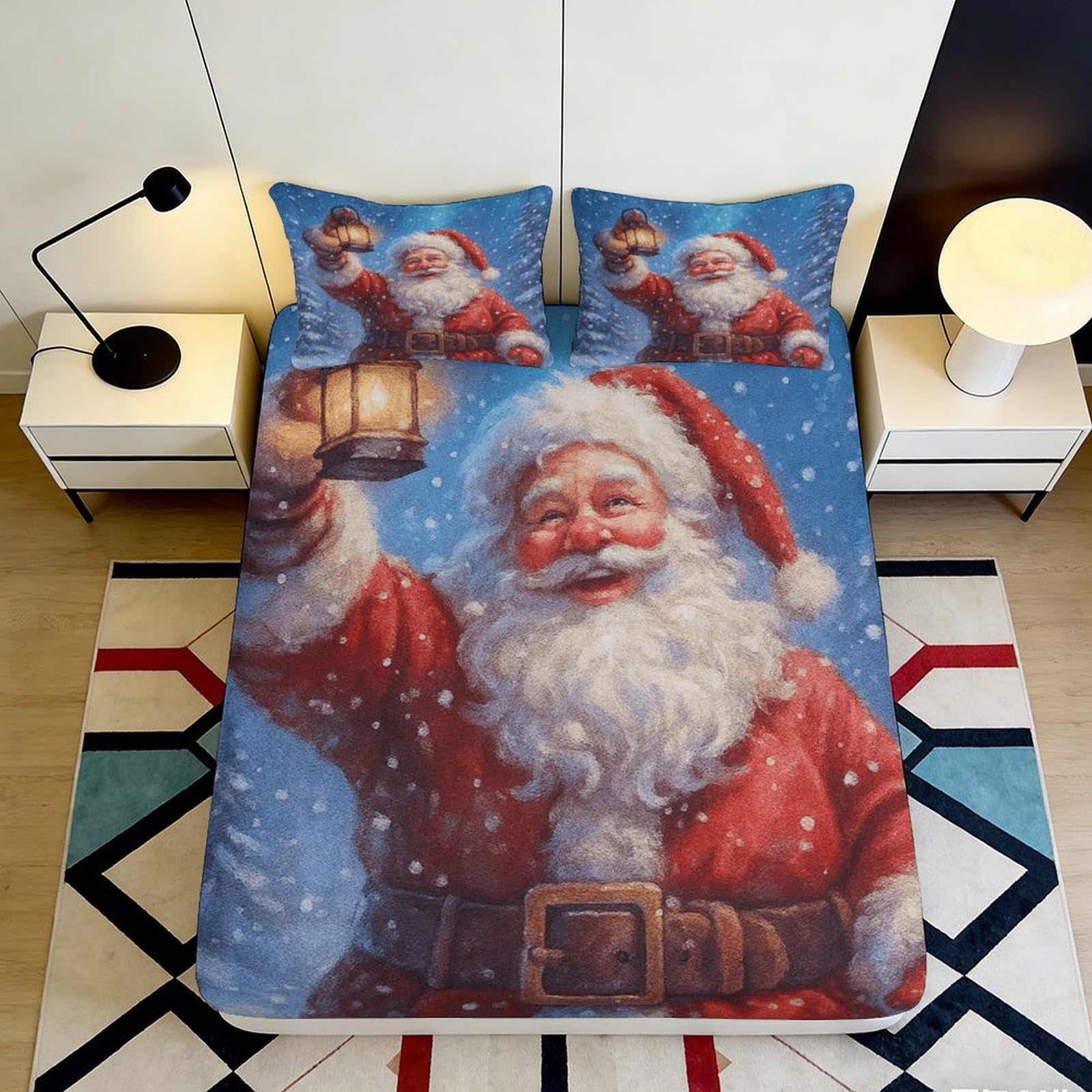 3D Printed Santa Claus Fitted Sheet Microfiber Deep Pocket Non-Slip Xmas Bedroom Bedding Santa Mattress Fitted Cover Washable 200x200x25cm 90x200x25cm