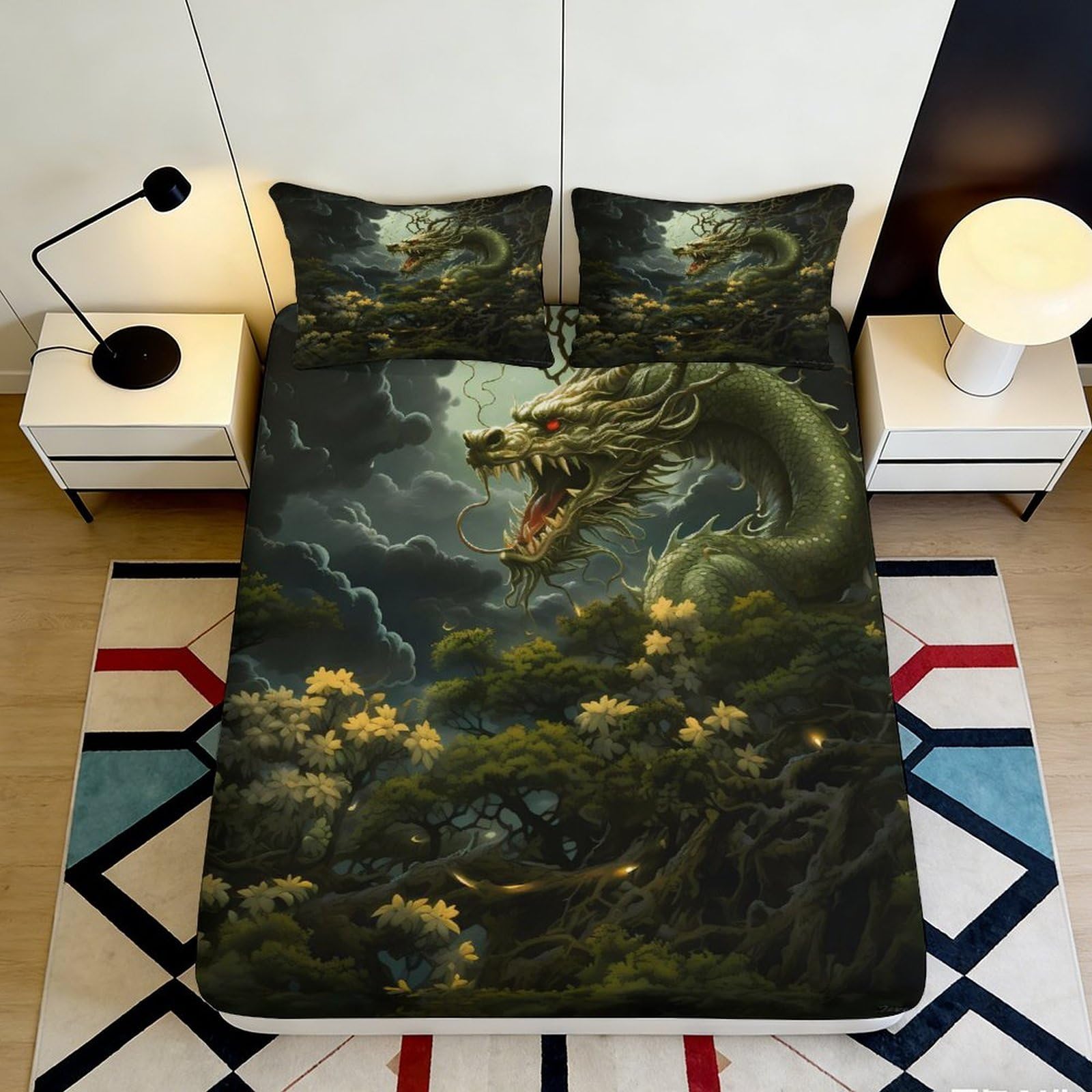 3D Printed Green Dragon Fitted Sheet Microfiber Soft Breathable Fantasy Forest Bed Cover for Bedroom Dorm Decor 90x200x25cm