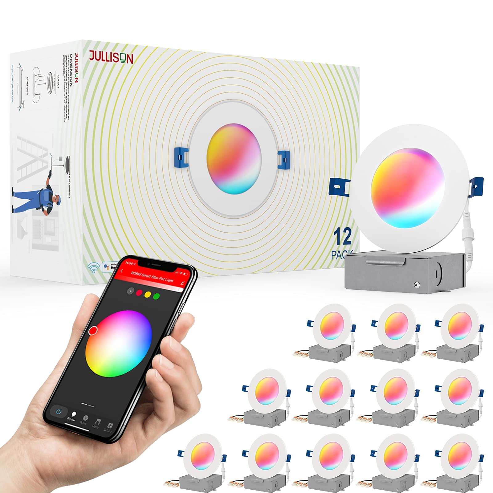 JULLISON 4 Inch LED Smart Slim Recessed Pot Light, WiFi APP & Voice Control, 120V, 9W, 600LM, RGB + 2700K-6000K, ETL & FCC & IC Rated, Wet Location, Compatible with Alexa/Google Home, White - 12 Packs