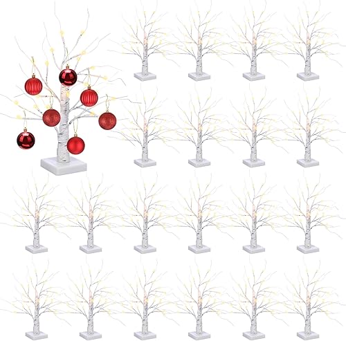 Macarrie 20 piezas Árbol de abedul con luces LED para decoraciones de Navidad y bodas, Árbol de mesa iluminado blanco, mini ramas artificiales,