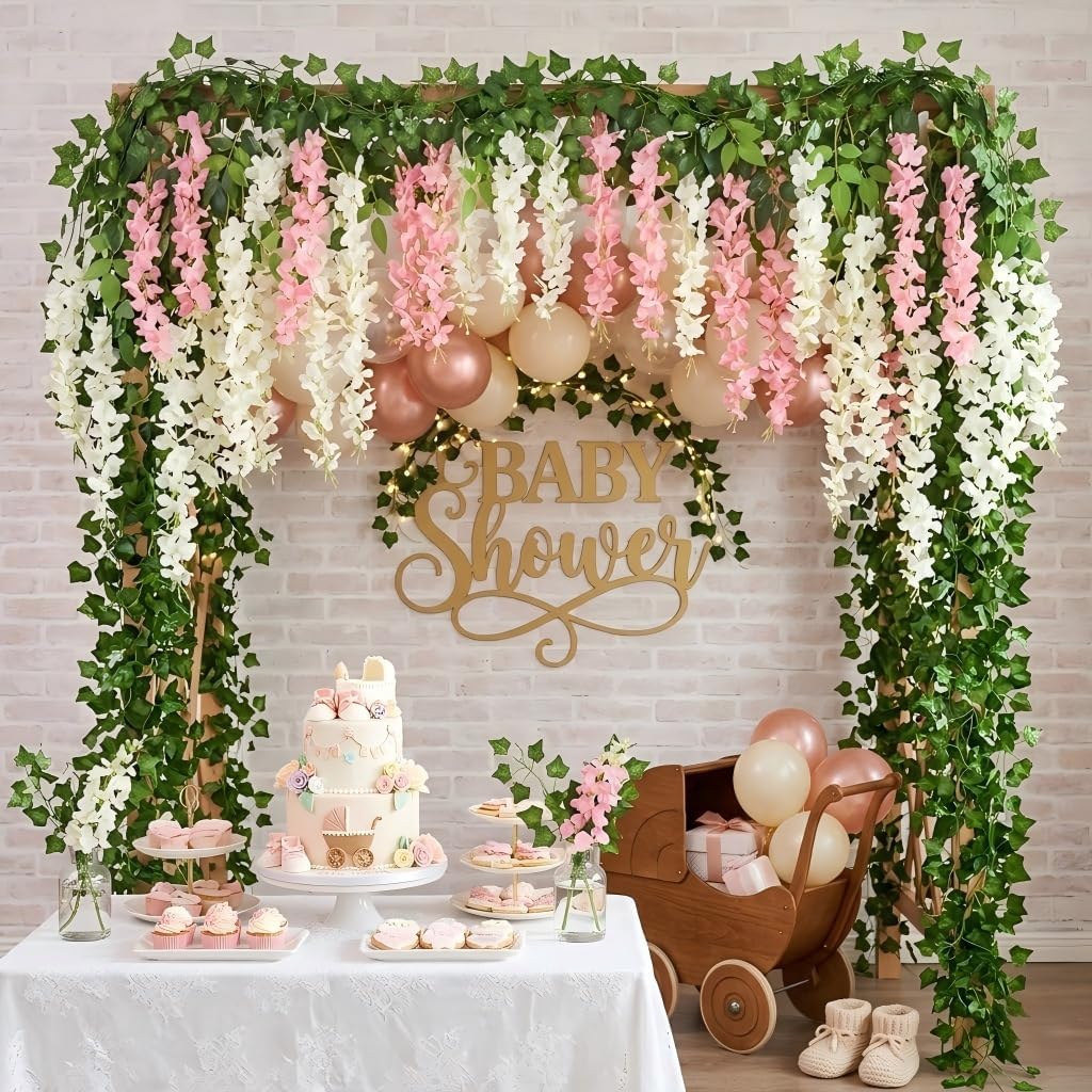 Vexillum 76 Pcs Fairy Garden Party Decorations Set, Hanging Artificial Wisteria Flower Garland, Ivy Vines, Butterfly Decor, Invitation Card, Reusable Decor for Birthday, Wedding Party, Baby Shower