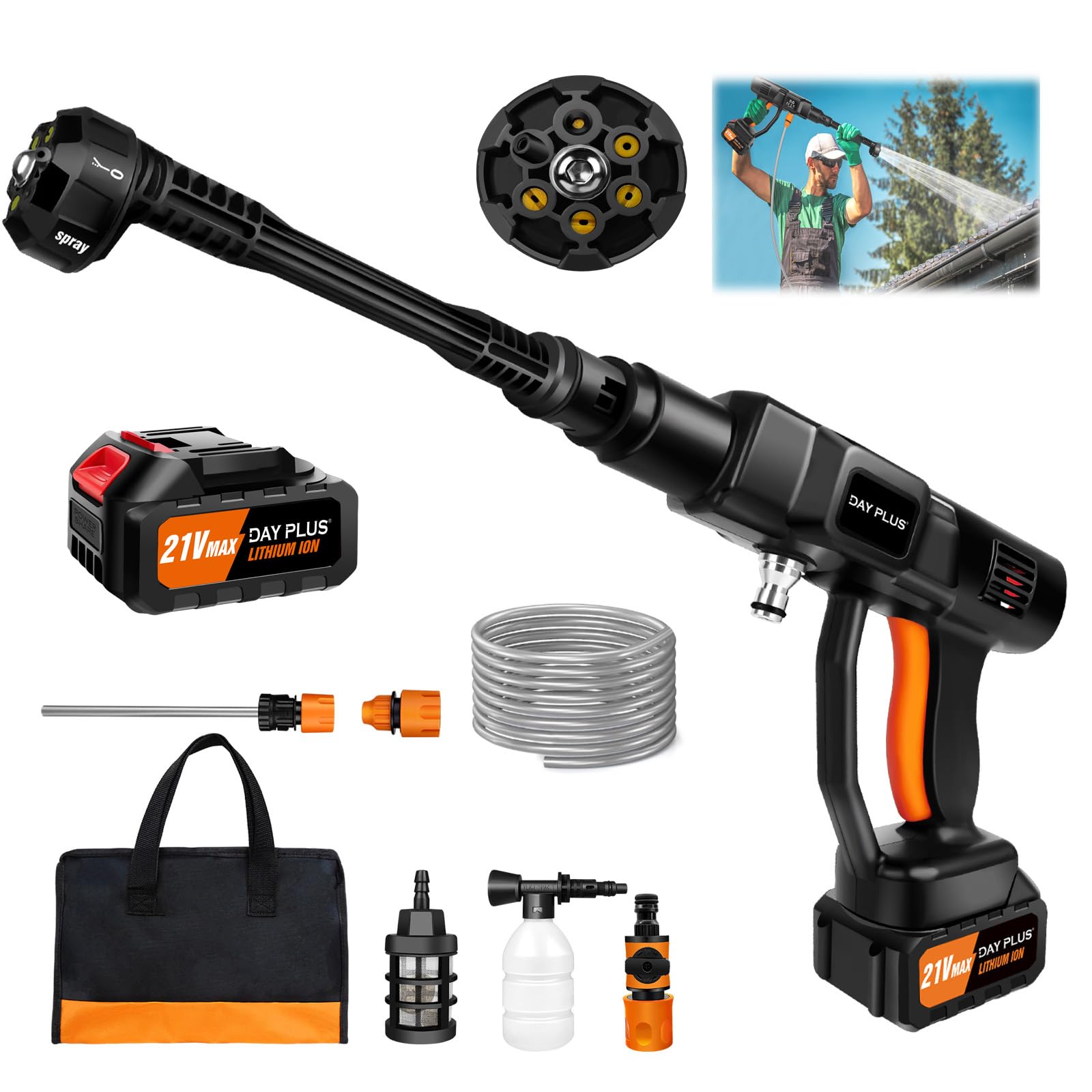 High Pressure Washer Gun Portable Power Washer, 21V Cordless Pressure Cleaner with 6-in-1 Nozzle, 5m Hose, 45 Bar/652 PSI, Foam Pot, 3.0Ah Battery, Ideal for Car Washing, Patio Cleaning and More