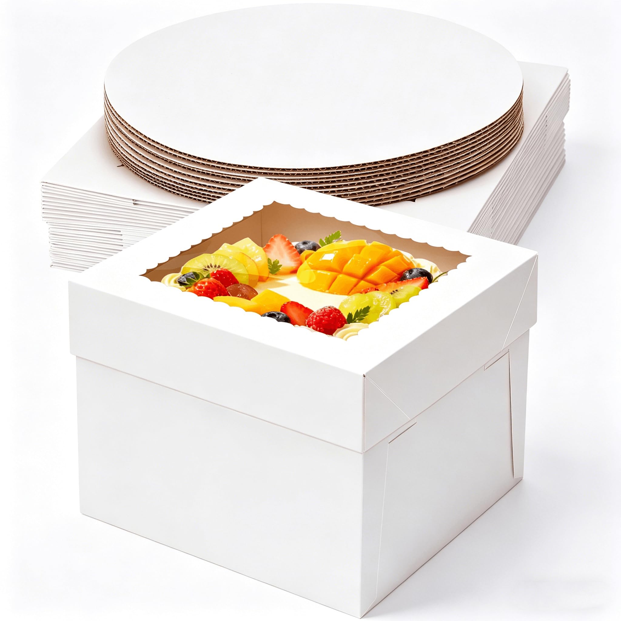 IRELINM 8 inch Cake Box & White Cake Board Set 8" x 8" x 8" Square 10 Packs (5 x boxes & 5 x boards) Clear Windows Disposable Cake Containers for Wedding Birthday Party Celebration