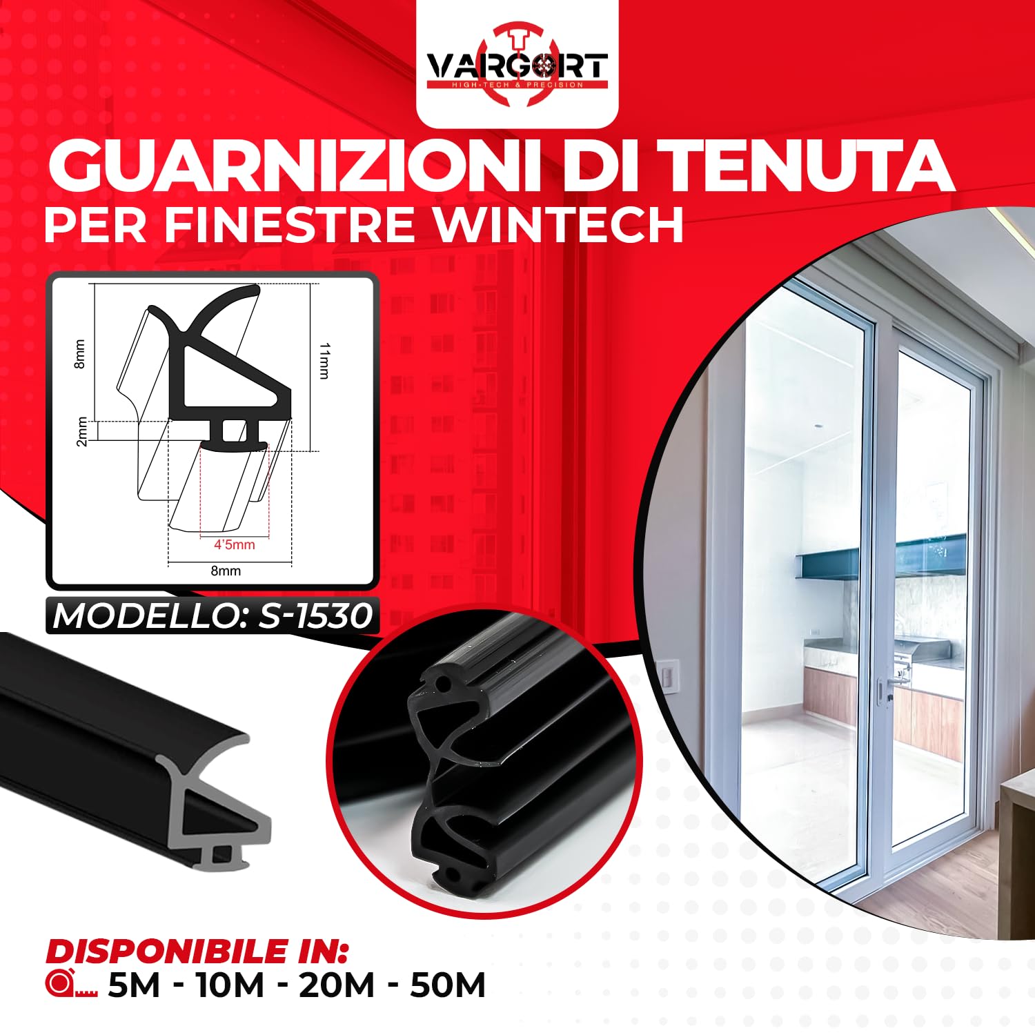 Paraspifferi per finestre S-1530 (50m) – Guarnizioni EPDM nero per porte interne e finestre in legno, isolante acustico e termico, sigilla perfettamente per protezione da rumori, polvere e spifferi.
