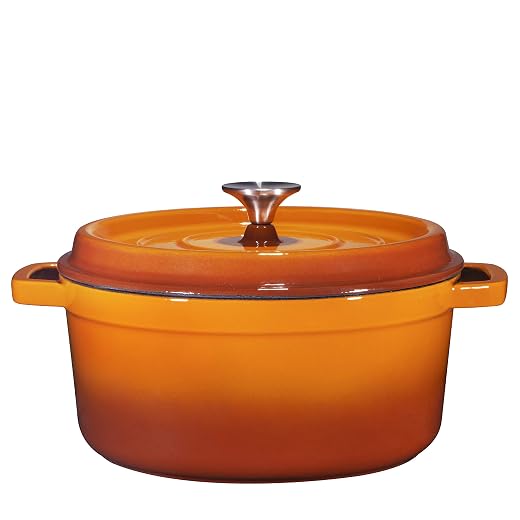 Bruntmor 3.8 Quart Enamel Cast Iron Dutch Oven - Crock Pot with Loop Handles and Lid - Versatile Cast Iron Skillet with Cover - Shallow Cookware Braising Pan for Casserole Dish - Gradient Red