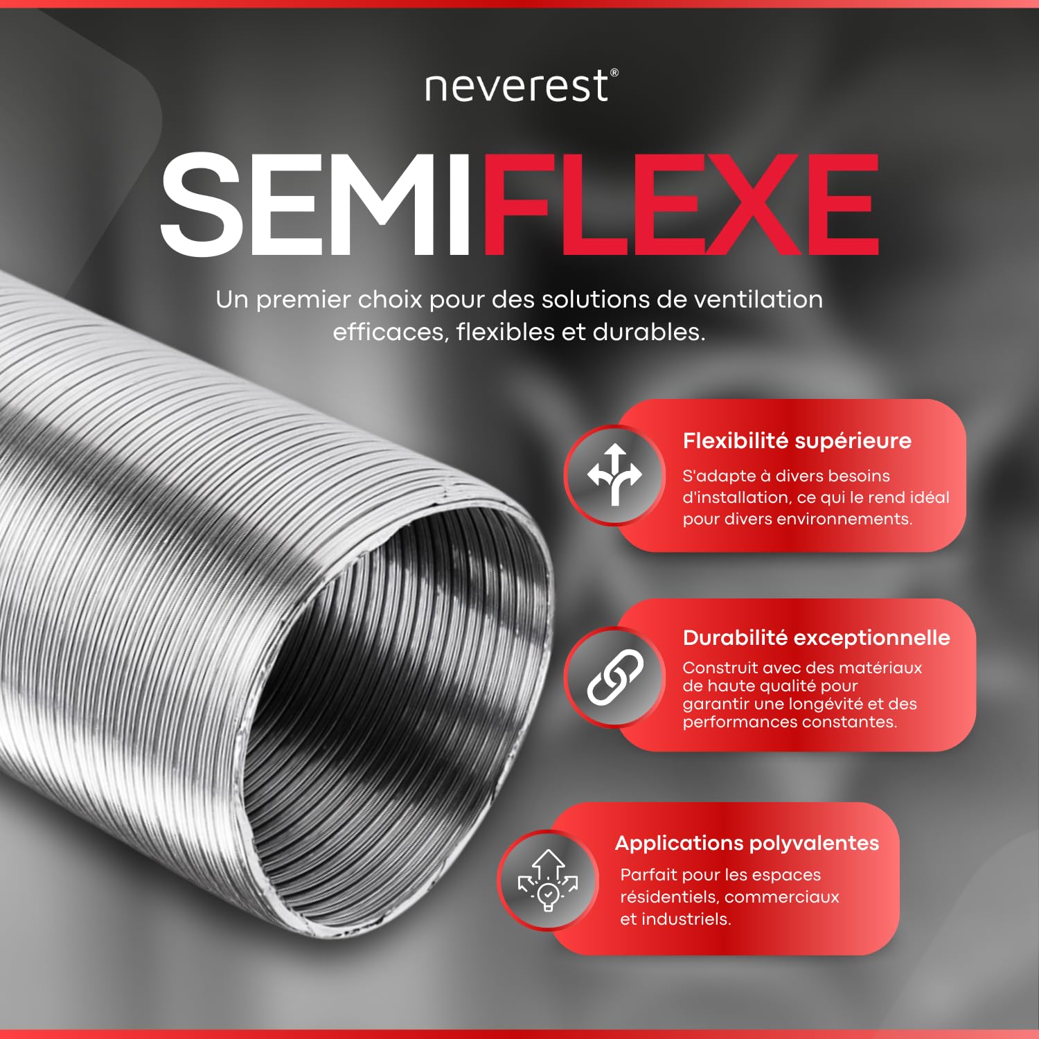 neverest® Semiflex Tuyau flexible en aluminium 80 mm Longueur 3 m Pour climatisation, sèche-linge, four Résistant à la chaleur et à la corrosion