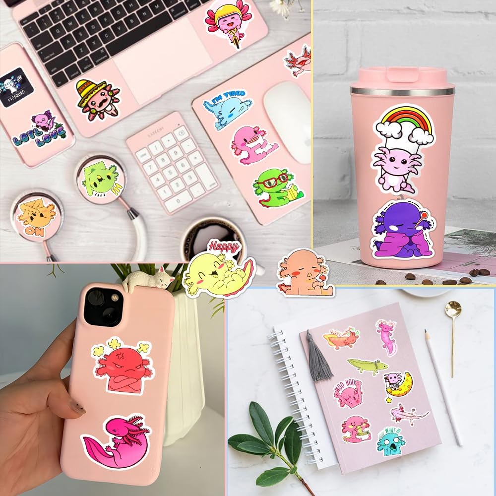 50 Pcs Axolotl Stickers for Water Bottles, Waterproof Vinyl Cute Stickers for Scrapbook, Laptops, Decorative Decals for Kids Girls Teens