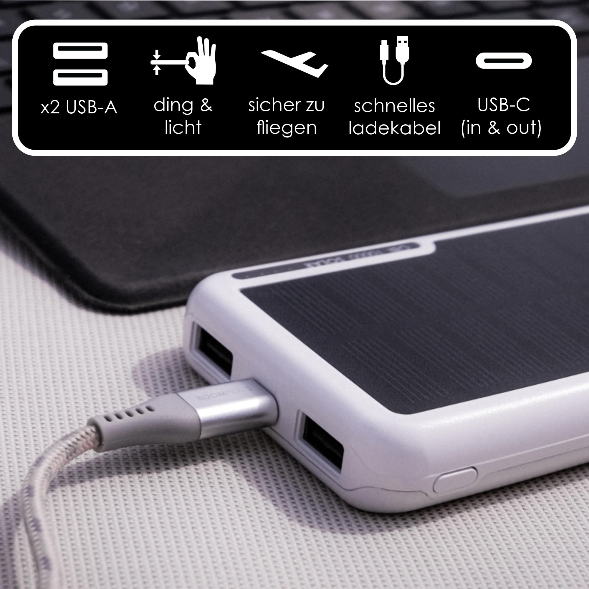Boompods Obi Solar 10000mAh Solar Powerbank - Schnellladendes Ladegerät mit USB-C & 2X USB-Anschlüssen, Outdoor Power Bank mit Solarpanel, Robuste Ladestation für Handy, Tablets und Reisen, Schwarz
