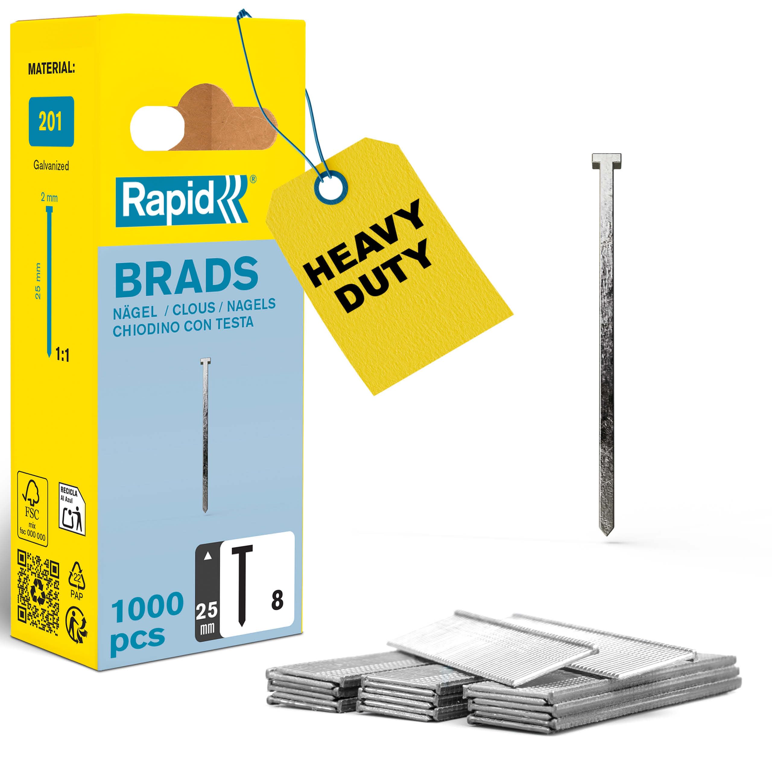 Rapid High Performance No.8 Galvanised Steel Brad Nails, Wire Length: 25 mm, 40109535 - 1000 Pieces