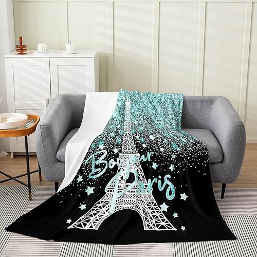 Manta de felpa de la Torre Eiffel con estampado de purpurina (sin purpurina), color verde azulado para todas las estaciones, manta de cama para