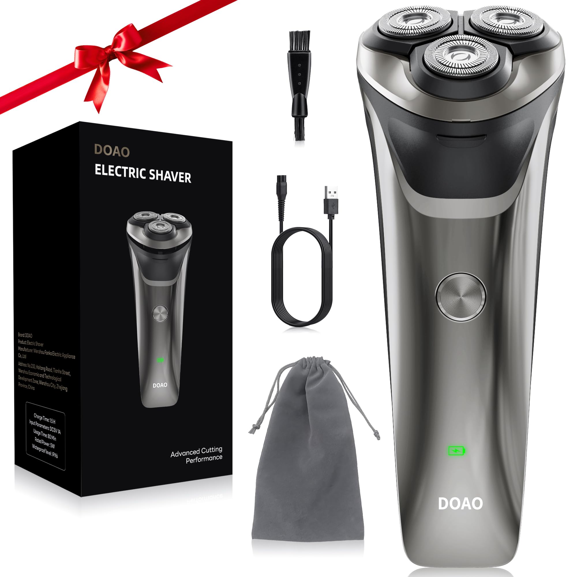 DOAO Electric Razor for Men, 100% Waterproof, Gentle on Sensitive Skin, Wet & Dry Rotary Electric Shavers for Men, Pop-up Beard Trimmer, 120 Min Shaving, 1.5H Fast Charge, Ergonomic Men's Shaver