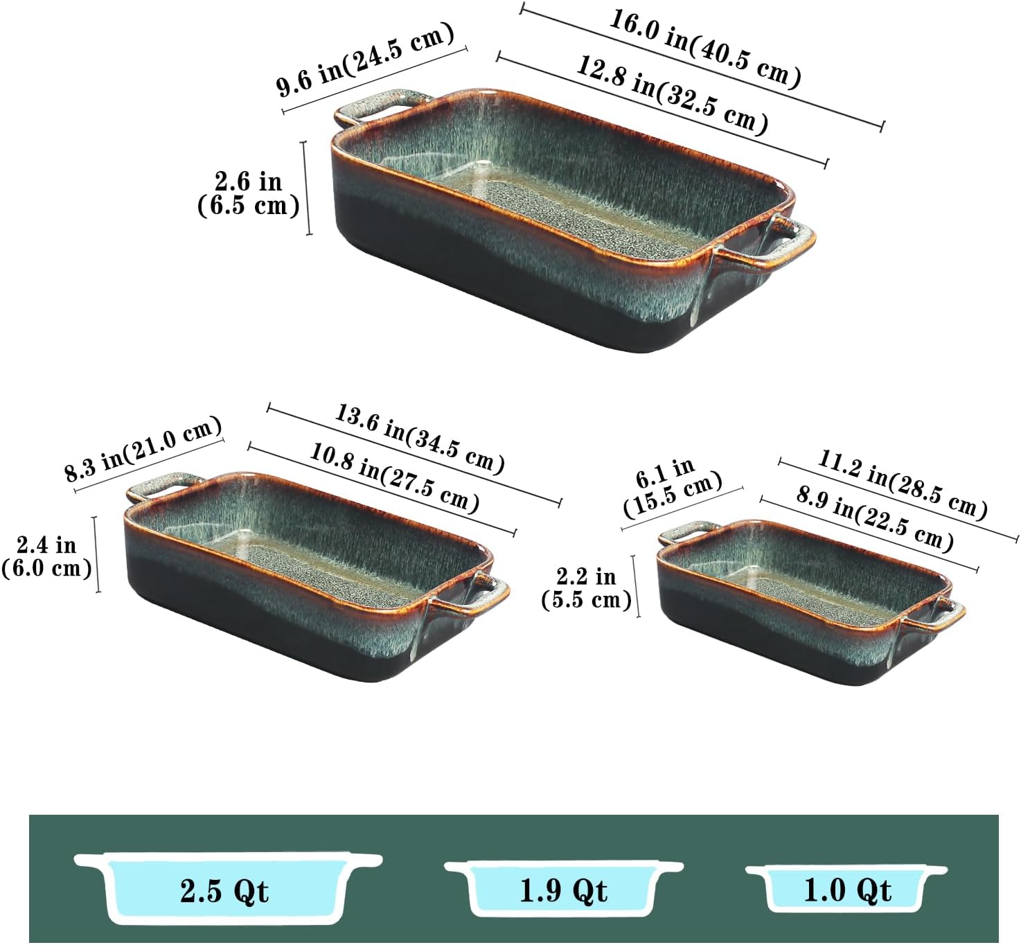 Baking Dish Ceramic Baking Dish、Rectangular Baking Pans Set、Double handles Suitable for lasagna、Baking、Oven 12.8IN、10.8IN、8.9IN Reactive Glaze 3-Piece