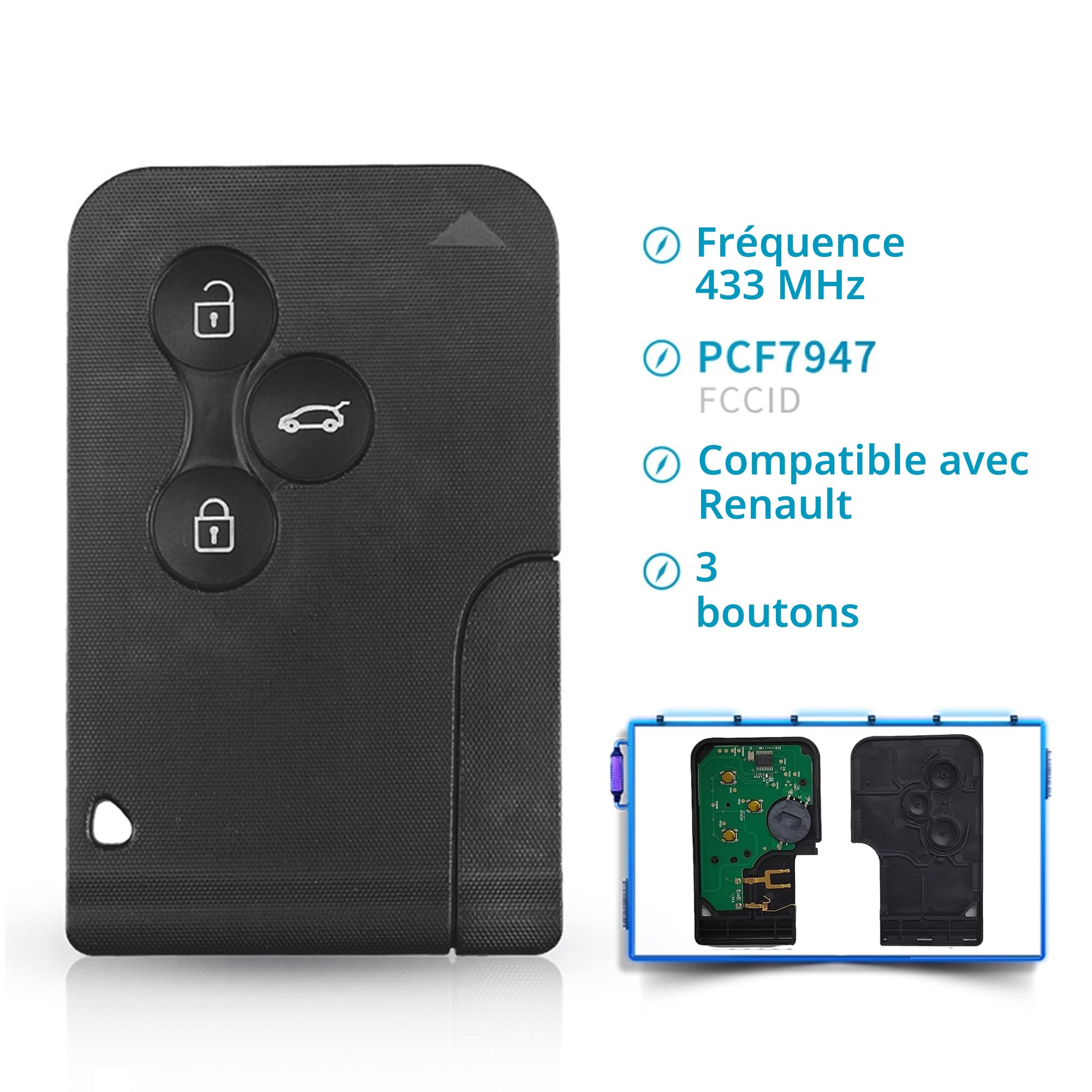 Heart Horse Clé de Rechange télécommande pour Megane 2 Scenic 2 Clio 3, Coque Carte de Clé Télécommande a 3 Boutons avec 433 MHz PCF7947 Chip, Scenic Boîtier Clef télécommande, Coque de Cle Clio 3