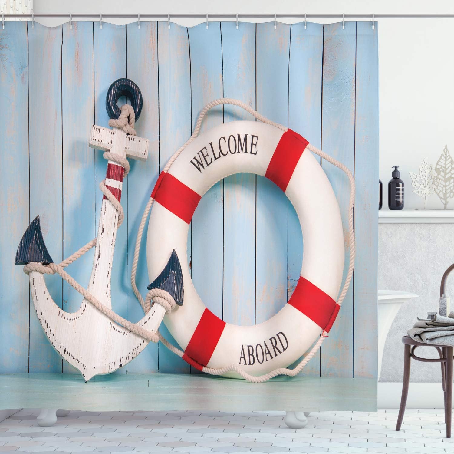 Ambesonne Coastal Shower Curtain, Anchor Striped Siding Vertical on Shabby Boards Classic Style, Cloth Fabric Bathroom Decor Set with Hooks, 69" W x 70" L, Blue Navy