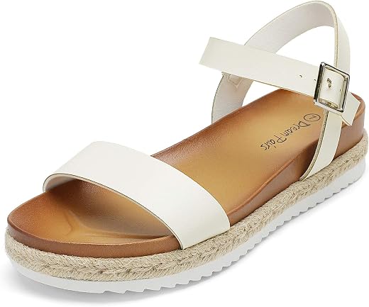 DREAM PAIRS Women’s Open Toe Ankle Strap Espadrille Casual Flatform Platform Wedge Sandals, White/Pu, 8.5