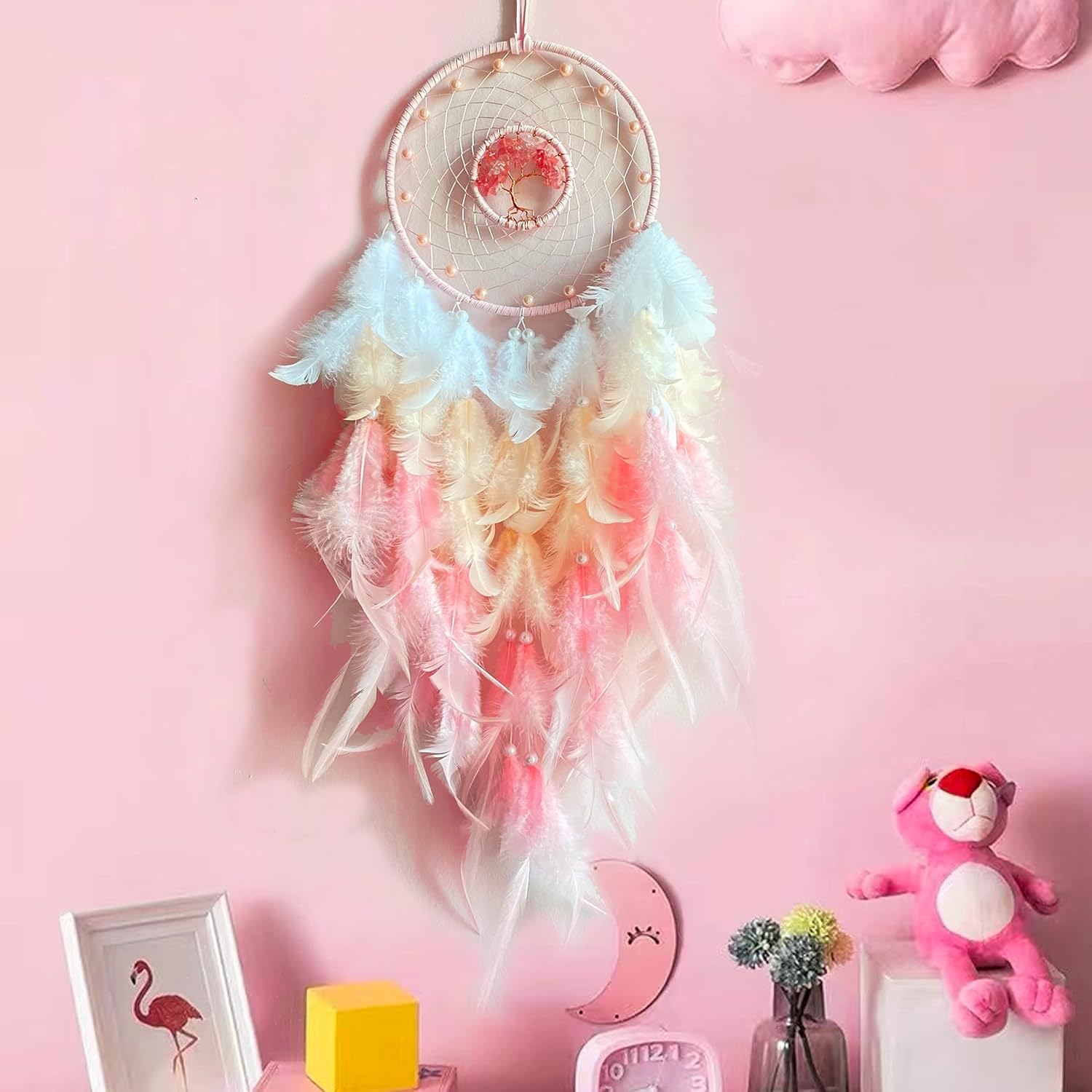 Nostrae by Ekhasa Dream Catcher with Tree of Life | Pink Feather Wall Hanging for Bedroom, Balcony & Living Room | Boho Dreamcatcher for Home Décor | Medium Size Dream Catcher for Girls & Kids Room-image-40