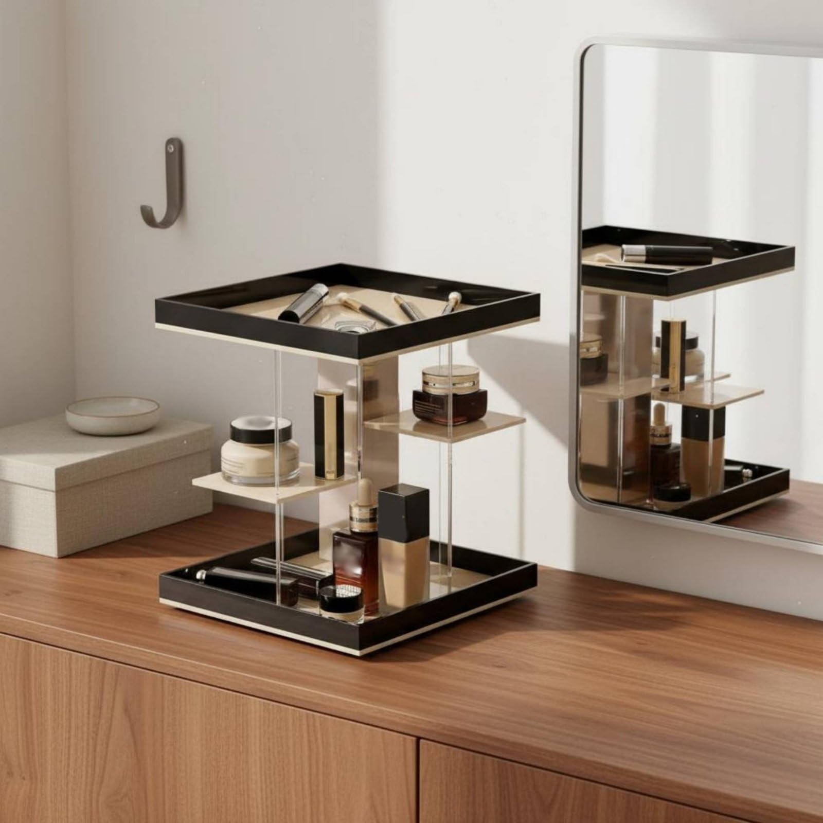 Bandeja Giratoria Acrílica Organizador Maquillaje Cosméticos Perfumes Accesorios Acrílico Grueso con Estabilidad para la Encimera Adecuada para, Model B 3-Drawer