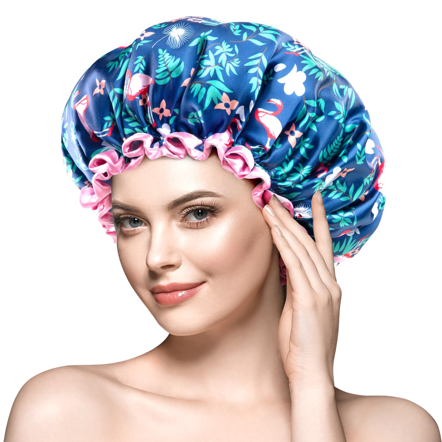 mikimini Gorros de Ducha Grandes para Mujer de Cabello Largo, Gorros de Baño Reutilizables Impermeables para el Cabello Rizado y Grueso, Estampado de Flamenco