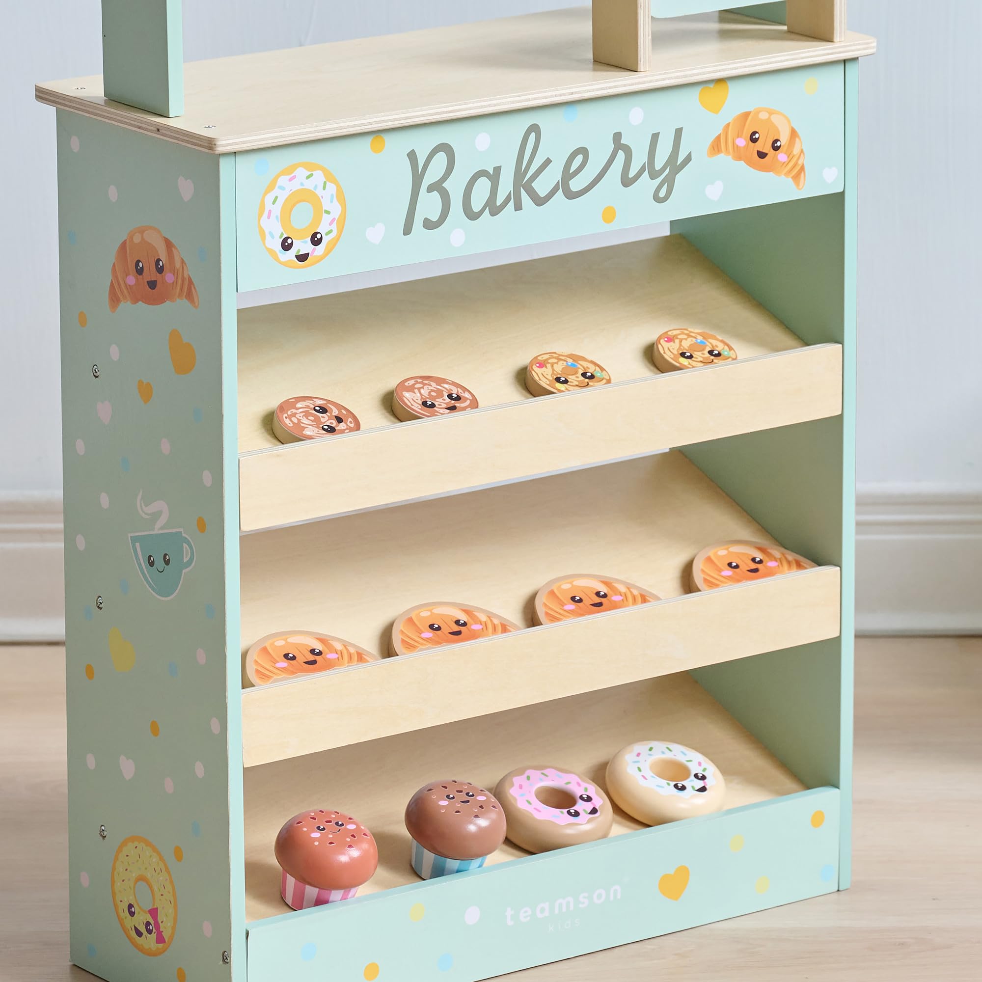 Teamson Kids Jolly Pals Kiosk drewniana piekarnia z 12 słodyczami, edukacyjna gra dla dzieci, kompaktowa podstawka do wyobraźni i towarzyskości