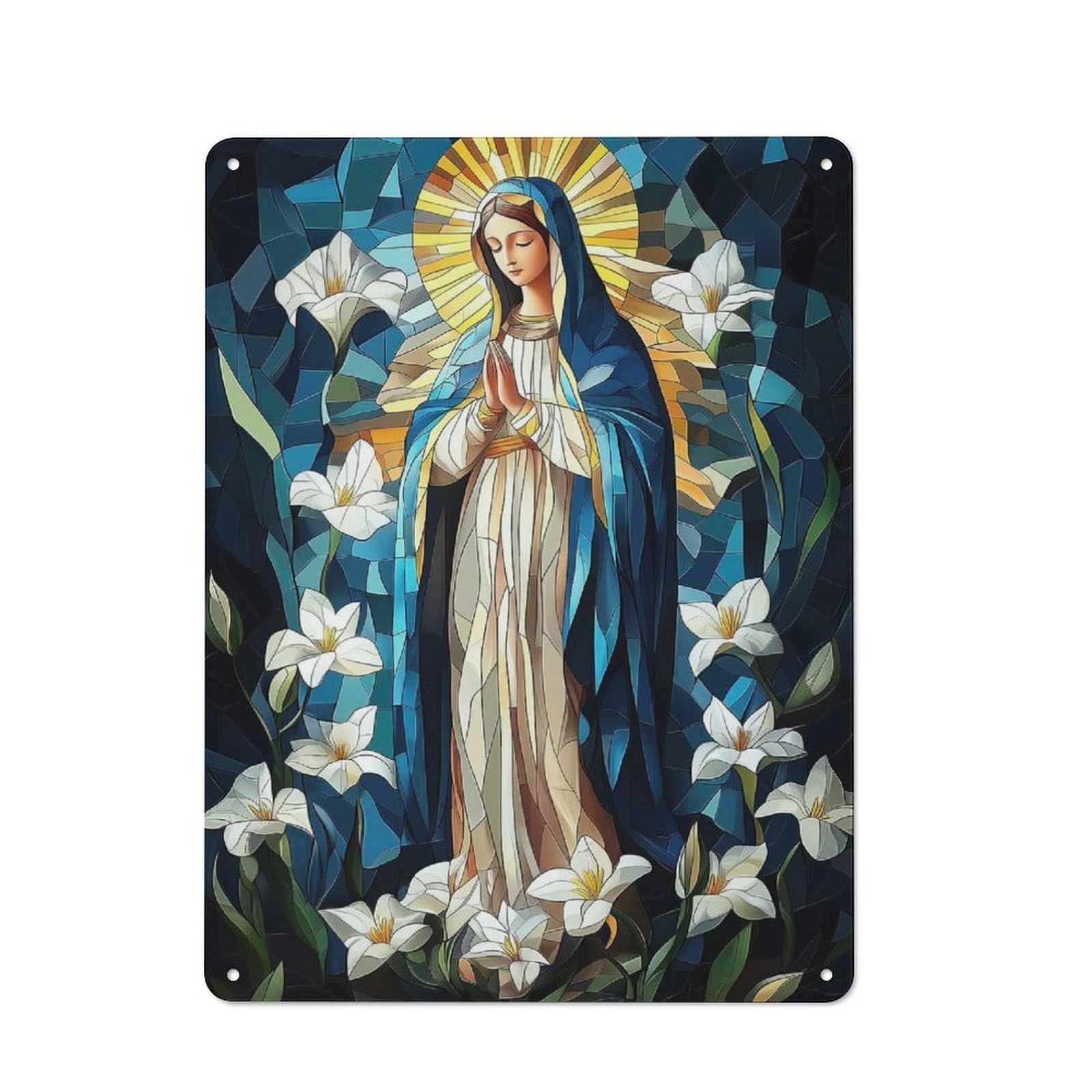 Virgin Mary Stained Glass Decorative Metal Plaque 40x30cm, Modern Retro Urban Room Decor for Workspace, Cafe, Hallway Or Garage