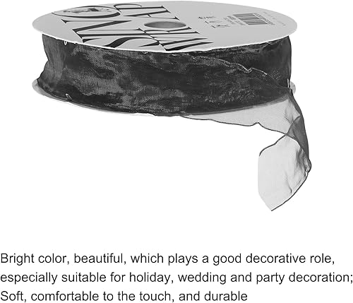 Miniatura 3 de MECCANIXITY Cinta de organza transparente con alambre de 1 pulgada de ancho, cintas de gasa brillante pastel, color negro, borde de hoja de loto de