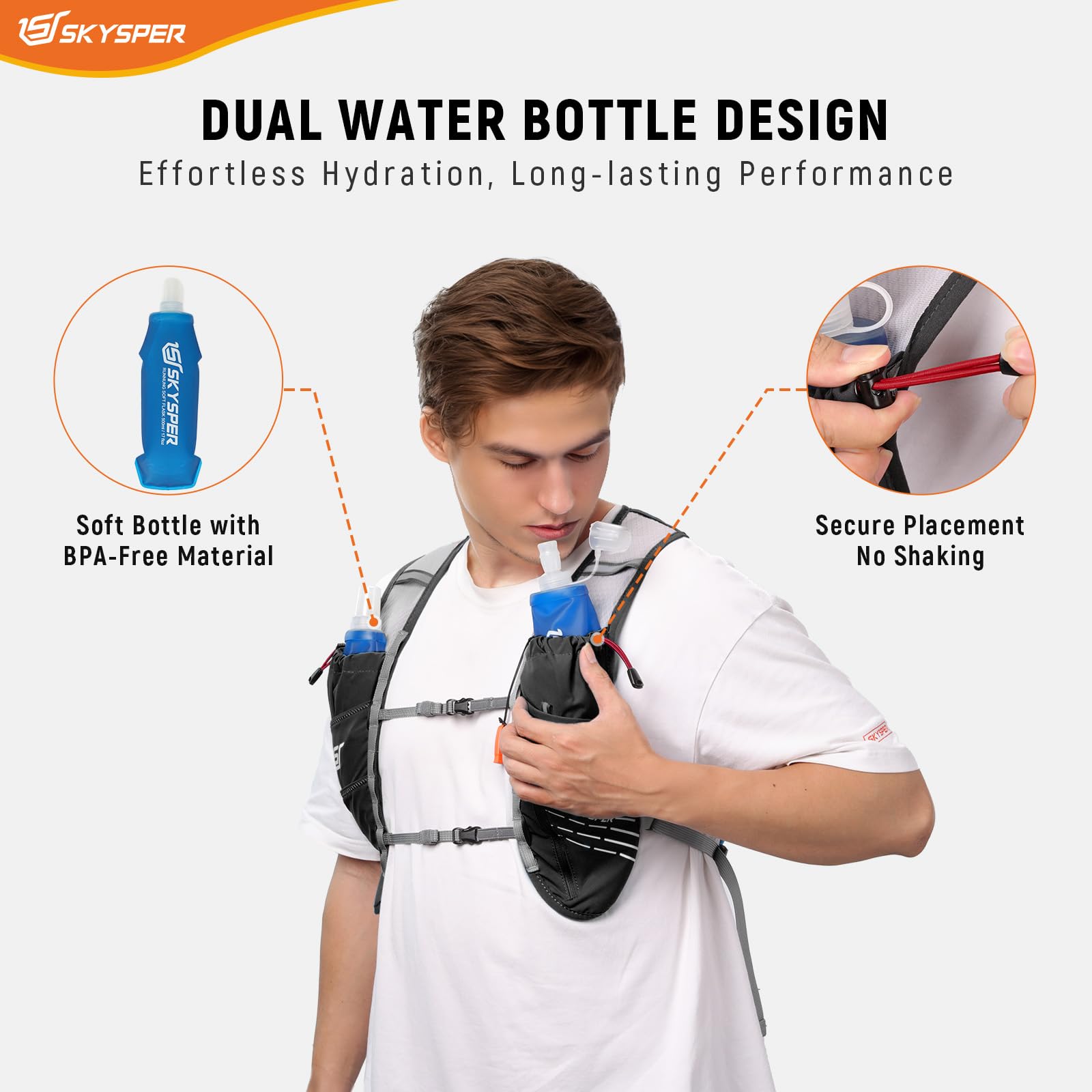 SKYSPER Kamizelka do biegania, 12 l, plecak do picia z 2 miękkimi butelkami, 500 ml, plecak do biegania, trailrunningu, kamizelka do biegania, wędrówek, maratonu, dla kobiet i mężczyzn