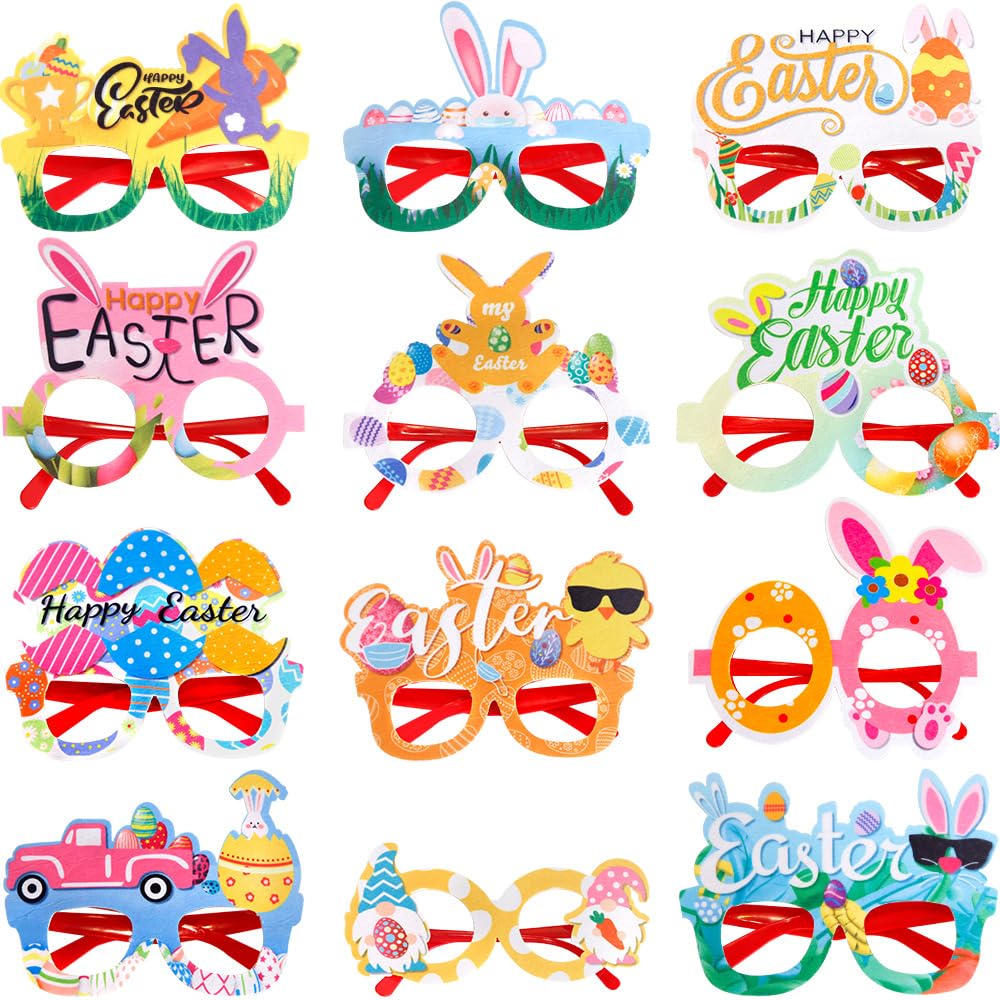 BaronHong Easter Party Glasses Frame Easter Bunny Ears Chick Eggs Glasses Decoration Supplies Easter Photo Booth (12-pack,M)