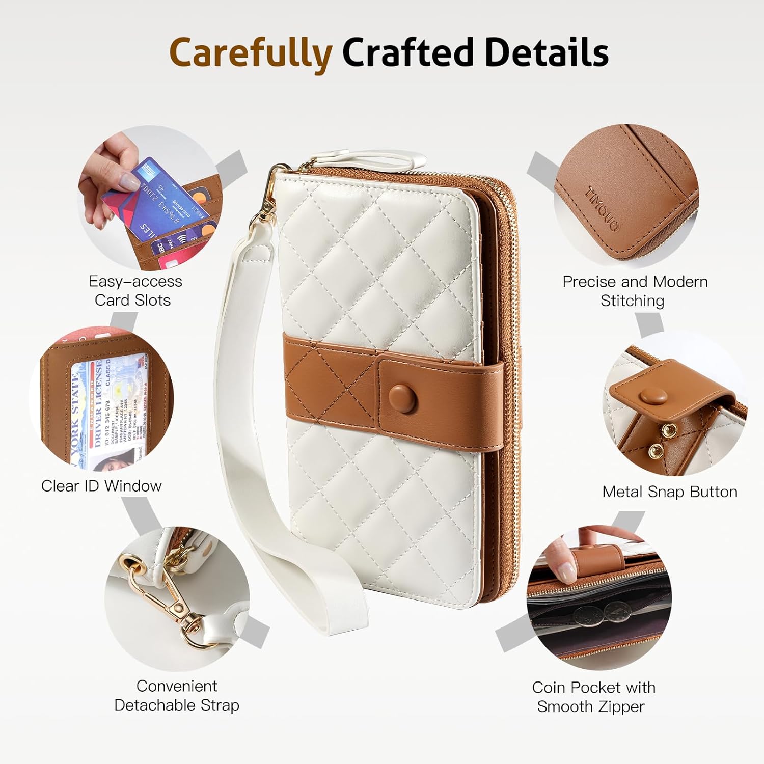 TiMOVO Leather Wallet for Women with RFID Blocking, Holds 12 Cards, Wrist Strap, Large Capacity Travel Purse, Beige + Brown - Image 8