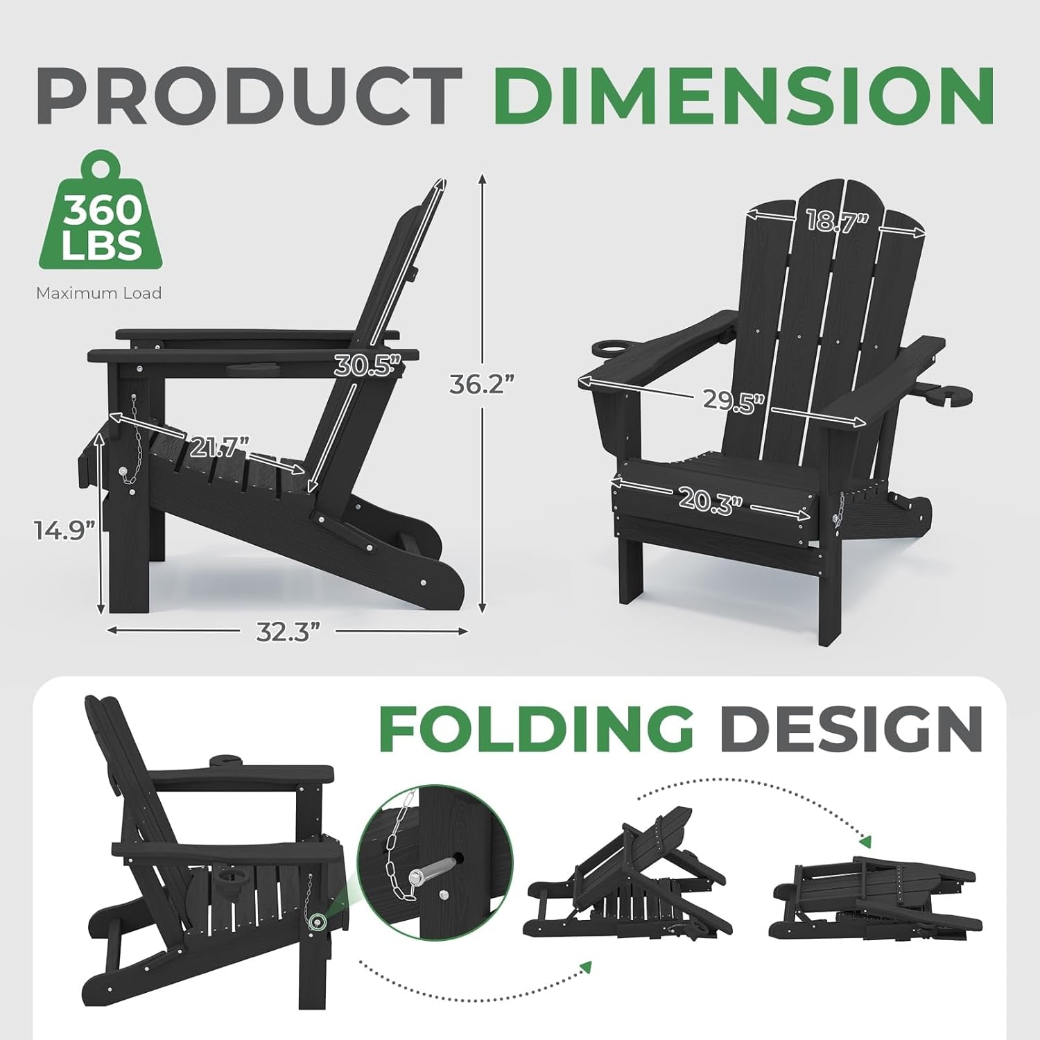 Outdoor Patio Folding HDPE Resin Adirondack Chair with Double Cup Holder, Black