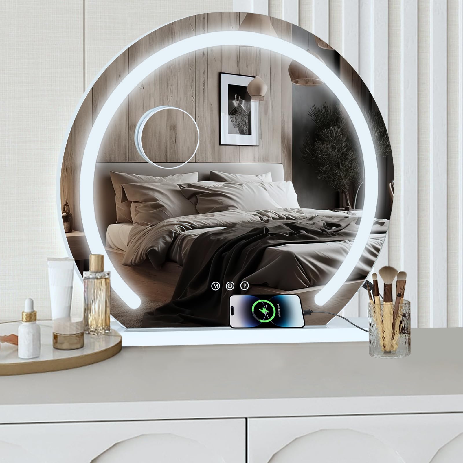 YU YUSING Hollywood Espejo Maquillaje con Luz, 50x48cm, 3 Modos Iluminación Regulables, Espejo Tocador Rondo, Espejos de Mesa, USB, 10x, Vanity Mirror Tocador Dormitorio, Controles Táctiles, Blanco