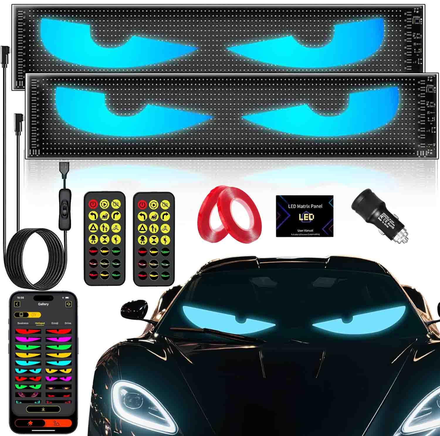 Photo 1 of 2PC 5800 Lux High-Brightness Devil Eyes LED Light Strips for Cars/Trucks/SUVs - 23.6"x4.73" Customizable Windshield Decoration with App Control, IP68 Waterproof, USB-Powered