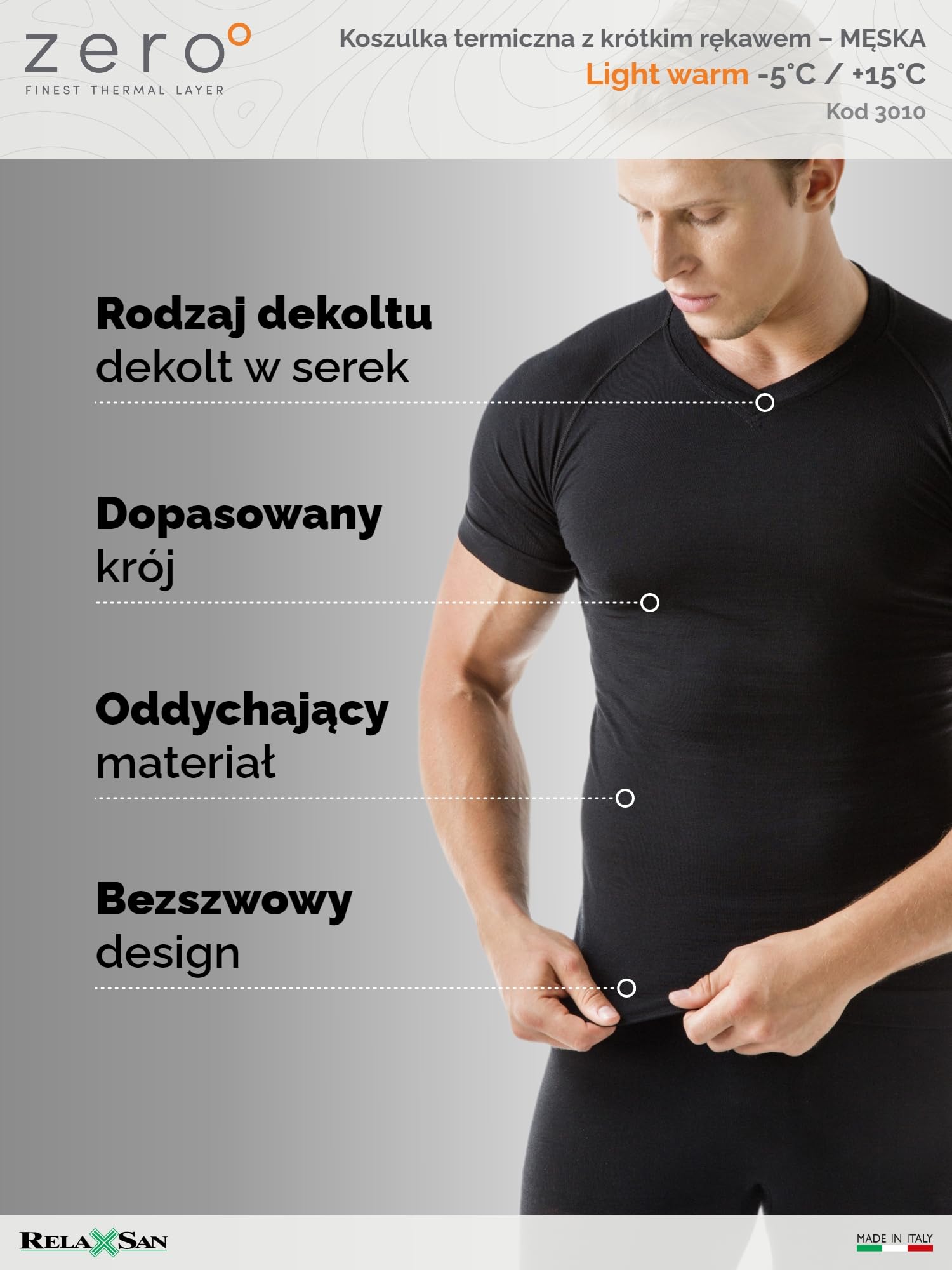 Relaxsan Zero 3010 – Męska koszulka termoaktywna T-shirt bielizna ultralekka oddychająca z włókien Dryarn i wełny merynosowej
