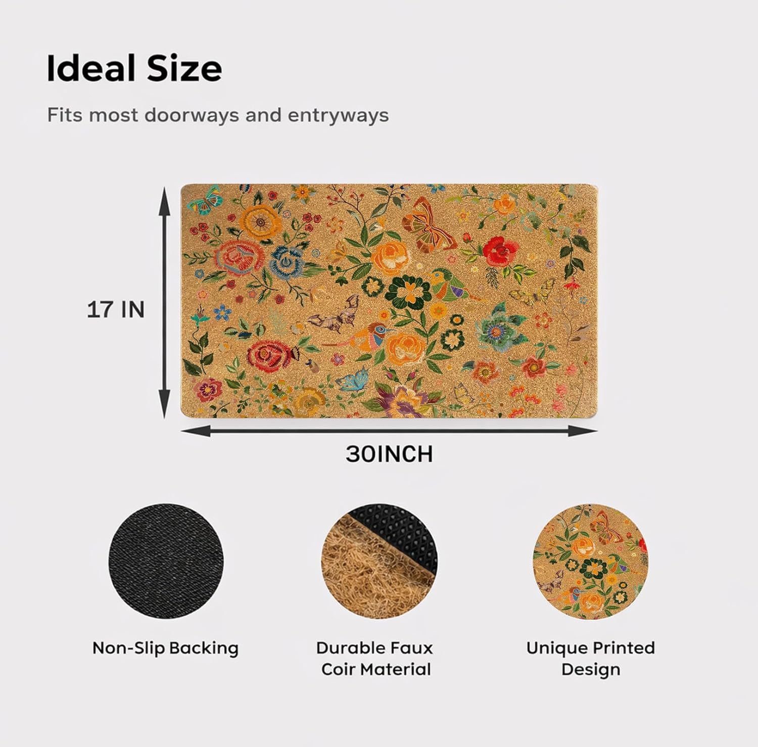 Floral Garden Door Mat – 30x17″ Faux Coir Non-Slip Welcome Mat for Indoor & Outdoor Entry, Colorful Botanical Doormat with Birds & Butterflies