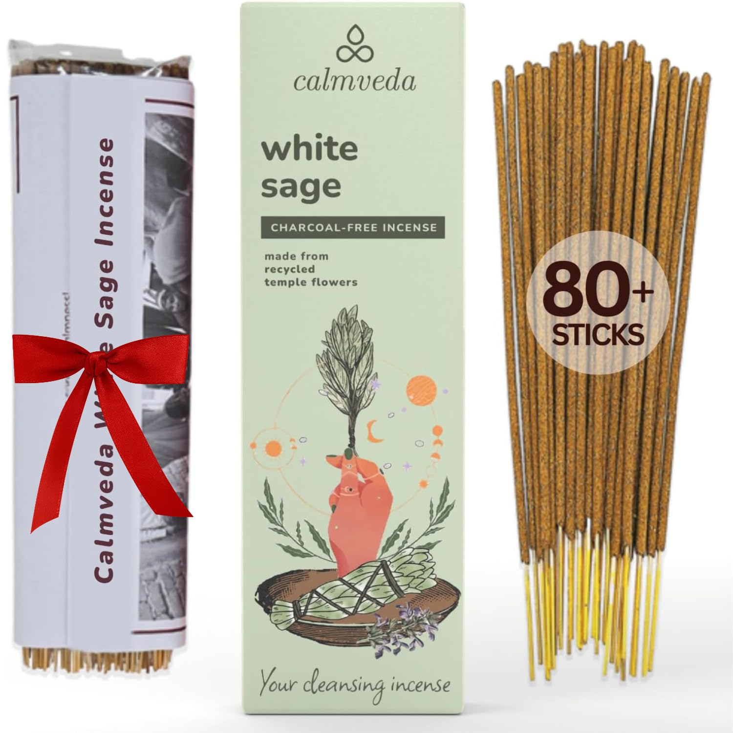 White Sage Incense Sticks for Cleansing - (80 Scent Sticks) Charcoal Free, Made from Upcycled Flowers | Protection Incense to Cleanse Negative Energy