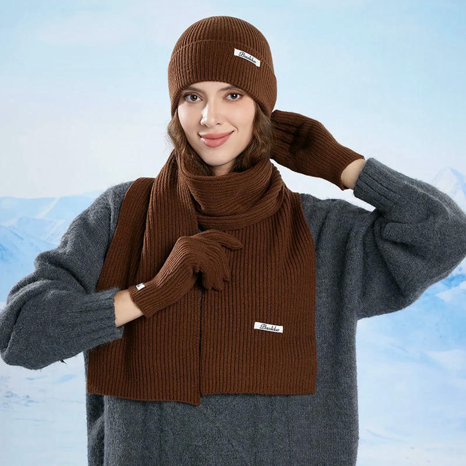 Mütze,Schal & Handschuh-Sets 3-teiliges Winter-strickmütze-Set Für Damen, Schal-Handschuhe-Set, Burgunderrot, Bequem, Outdoor-REIT-Set-Kaffee 1-55-60cm