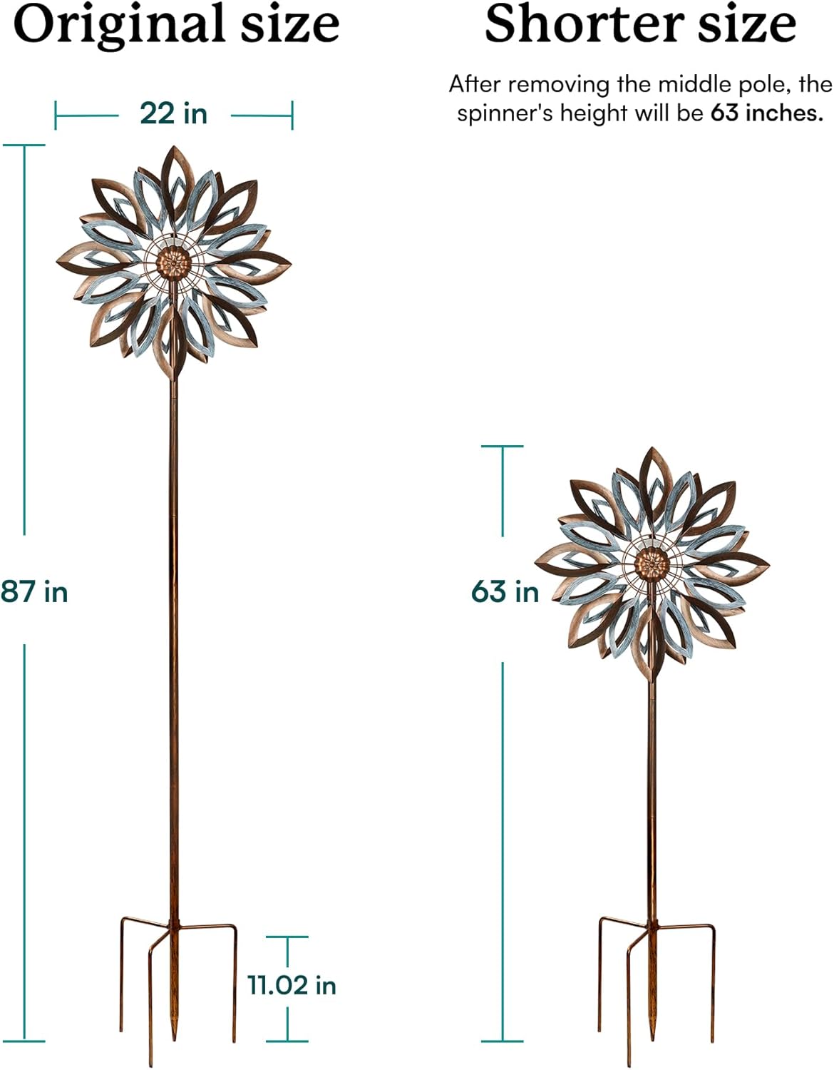 Yard Garden Wind Spinners with Solar Lights, Large Outdoor Metal Wind Spinners, Lawn Yard Art Garden Decor (22" W x 87" H)