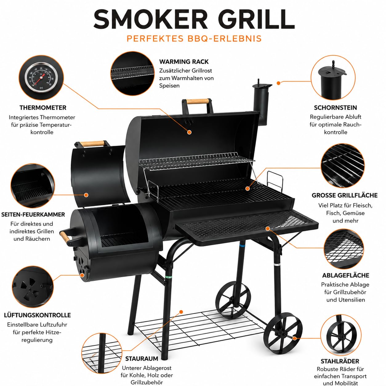 30 Kg Smoker Grill mit Abdeckhaube XL BBQ Smoker GRILLWAGEN Holzkohle Grillkamin Standgrill Räucherofen Zubehör Holzkohlegrill Schwarz Räuchergrill mit Thermometer & Rädern Deckelthermometer
