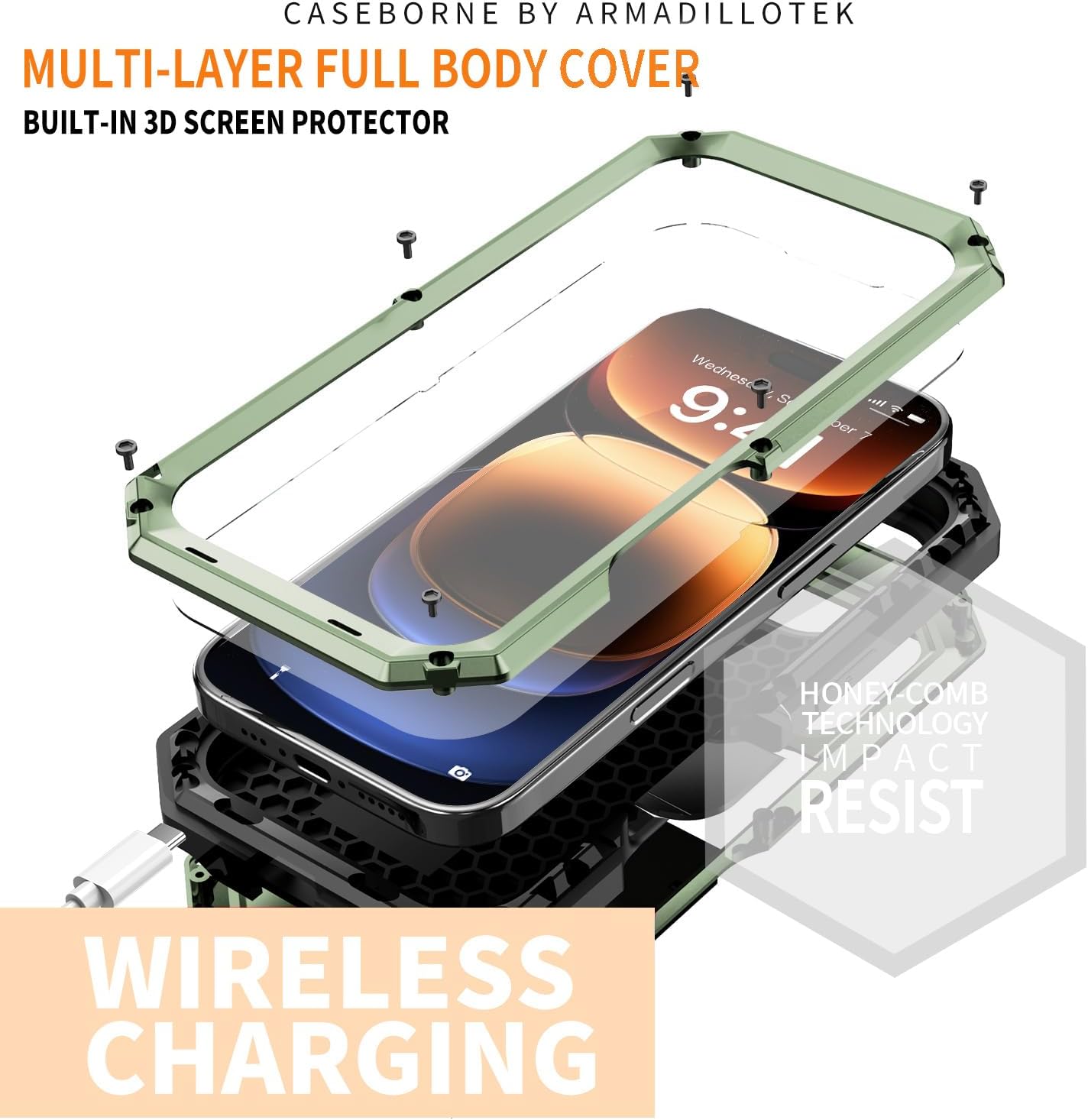 FW Compatible with iPhone 16 Pro Metal Case with Slide Camera Cover Built in Screen Protector Full Body Hybrid Case Kickstand Military Heavy Duty Armor Silicone Rugged Case for Man Woman (Green)