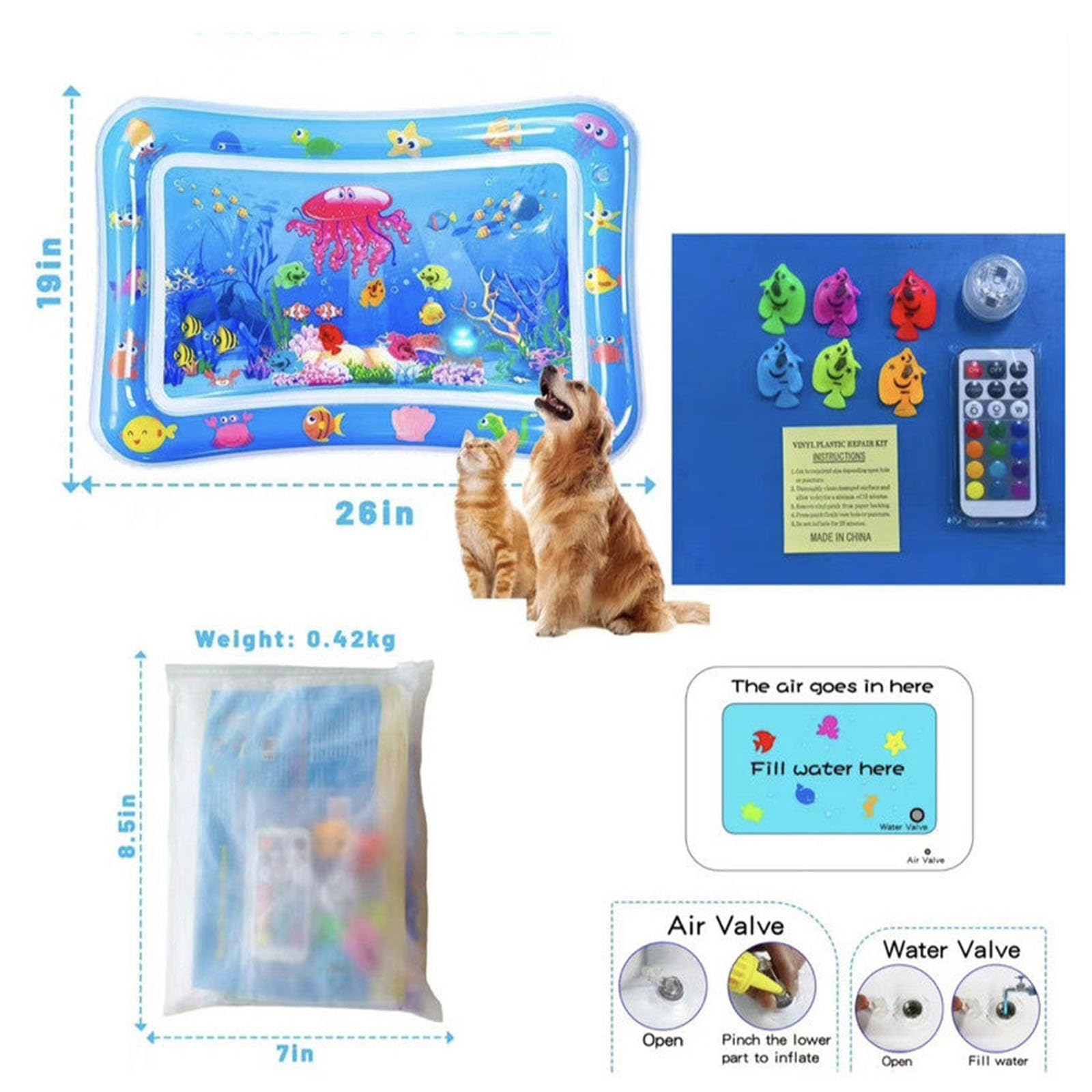 Kühlmatte Katze Wassermatte, Katzenspielzeug Wassermatte Sensorische Katze, 60x40CM Katzen Kühlmatte Katzenpool mit Fischen Spielzeug Licht, Interaktives Katzenspielzeug Selbstbeschäftigung Wasserbett