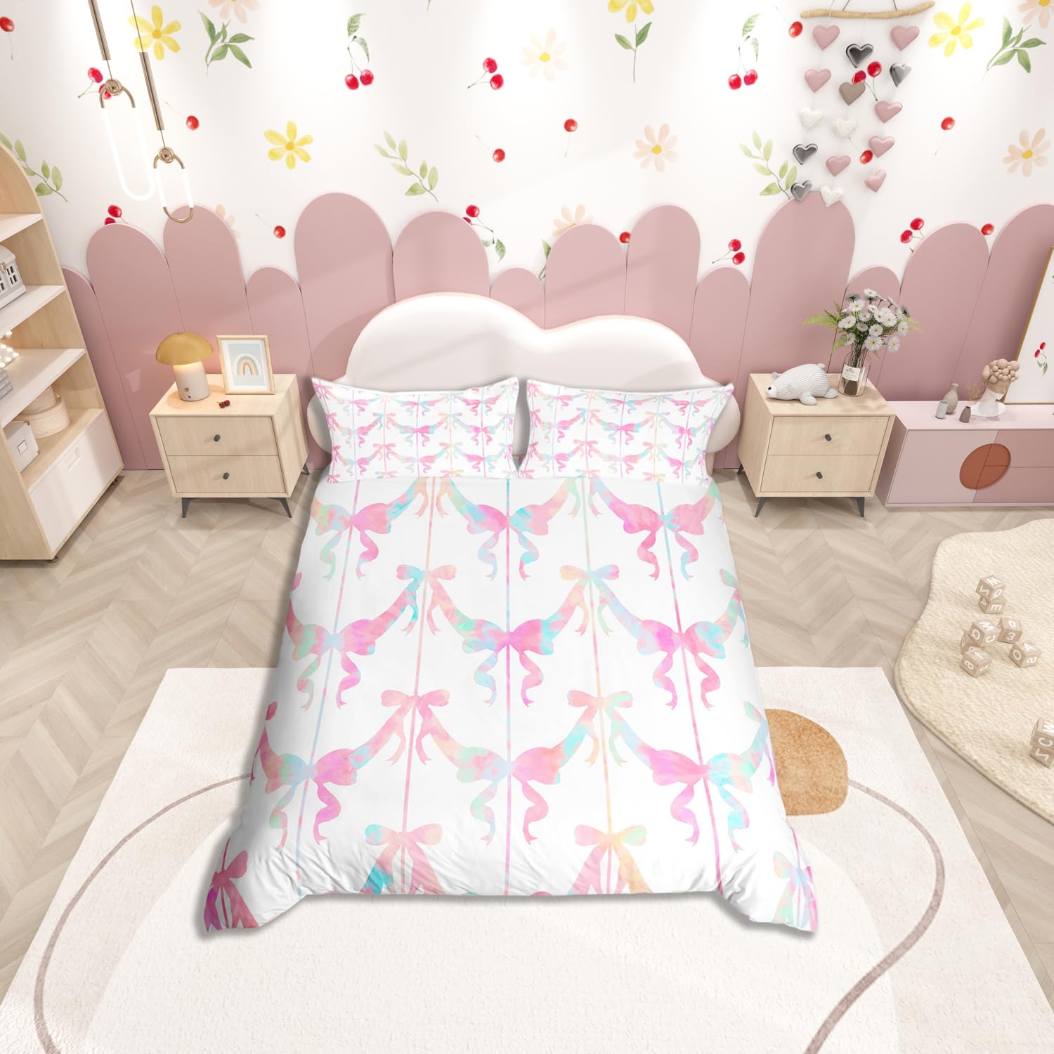 Loussiesd Pink Teal Green Bows Duvet Cover Girls Single Watercolor Bow Bedding Set For Kids Cute Bowknot Comforter Cover Set Coquette Bows Bedspread Cover Room Decor Bedclothes Zipper,No Comforter
