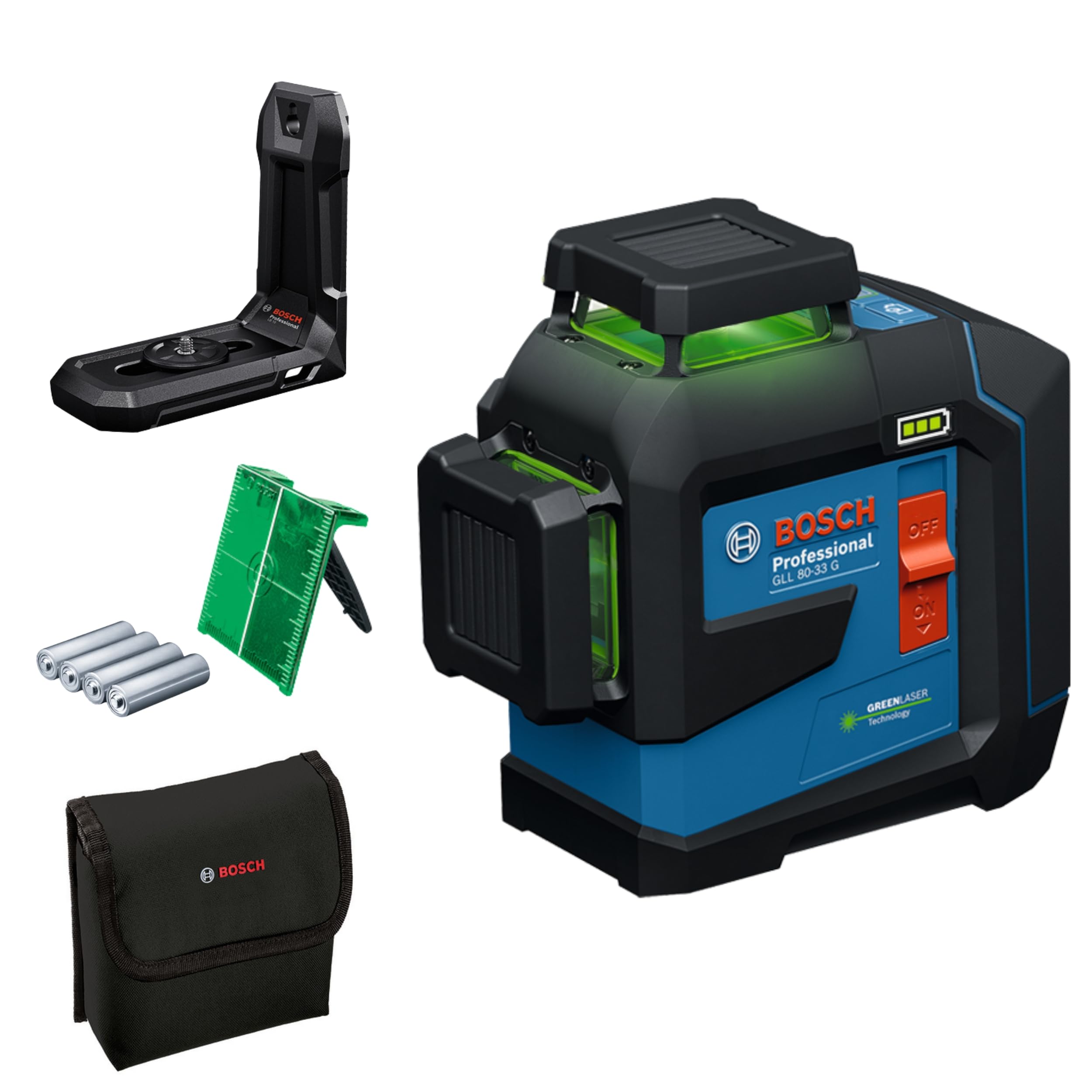Bosch Professional laser lignes GLL 80-​33 G (support de fixation LB 10, laser vert, portée jusqu'à 30 m, alimentation dual power, 4 piles 1,​5 V LR6, housse de protection)
