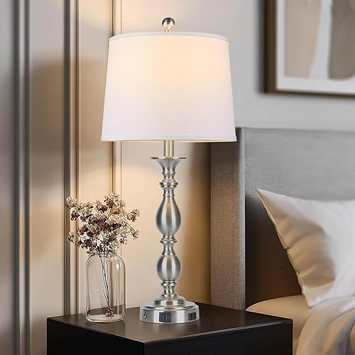 Miniatura 7 de Juego de 2 lámparas de mesa modernas de 28 pulgadas de alto con puertos USB A+C y salida de CA, lámparas de noche de metal táctiles de 3 vías para